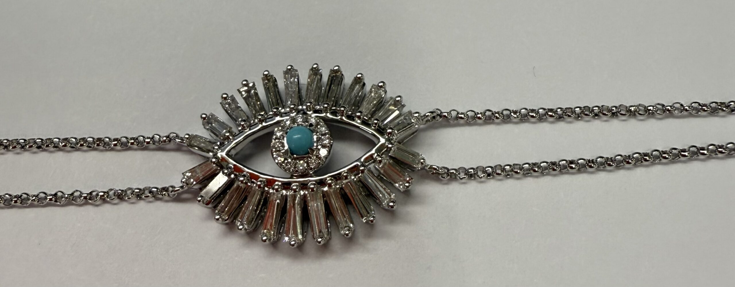 18k White Gold Genuine .70 Cttw Diamond Baguette "Evil Eye" Bracelet - Image 6