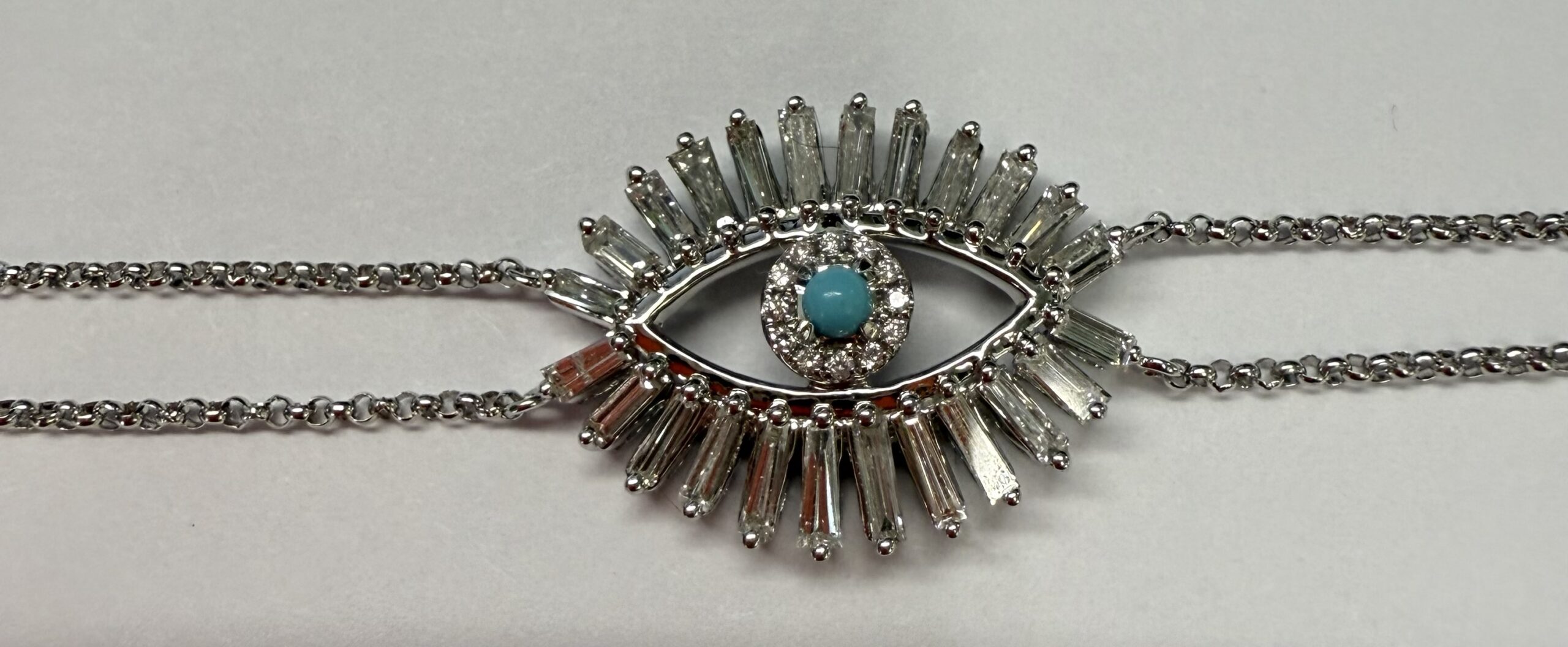 18k White Gold Genuine .70 Cttw Diamond Baguette "Evil Eye" Bracelet - Image 7