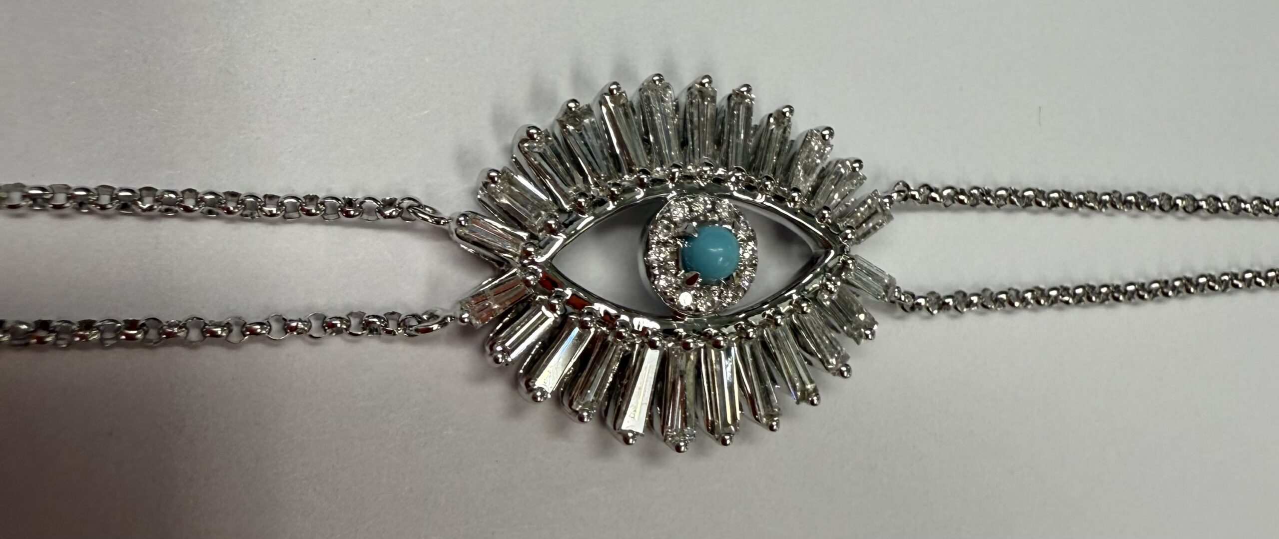 18k White Gold Genuine .70 Cttw Diamond Baguette "Evil Eye" Bracelet - Image 9