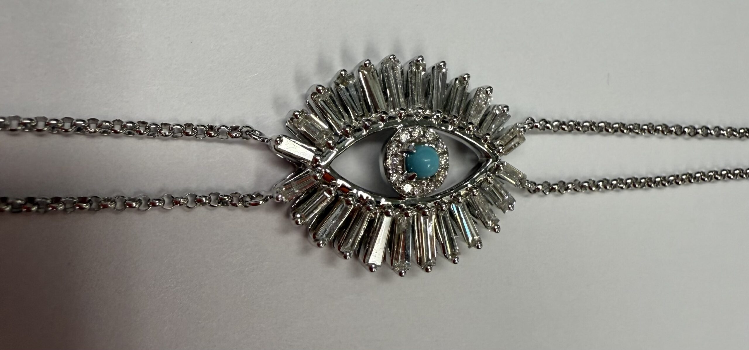 18k White Gold Genuine .70 Cttw Diamond Baguette "Evil Eye" Bracelet - Image 10