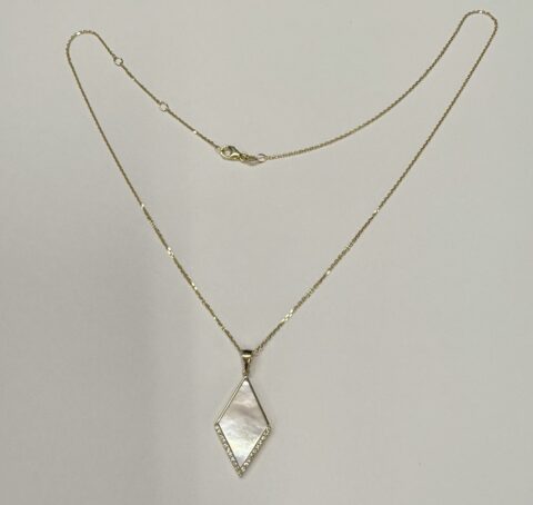 14k Yellow Gold Genuine 3.30 Cttw Mother of Pearl & Diamond Diamond Shaped Dangle Pendant