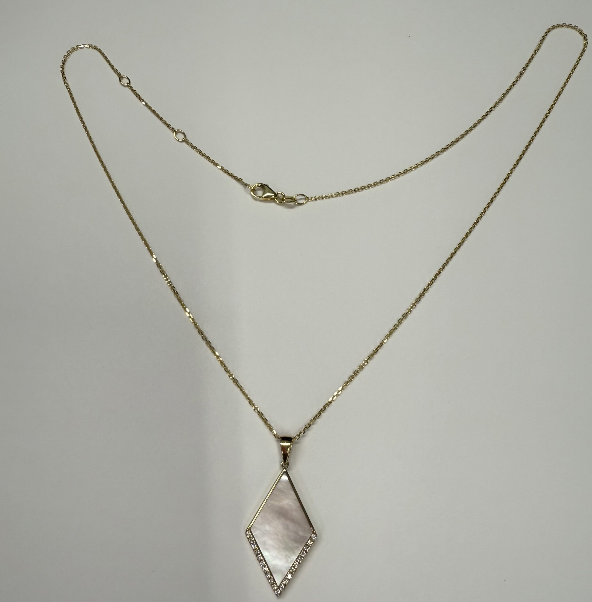 14k Yellow Gold Genuine 3.30 Cttw Mother of Pearl & Diamond Diamond Shaped Dangle Pendant - Image 2
