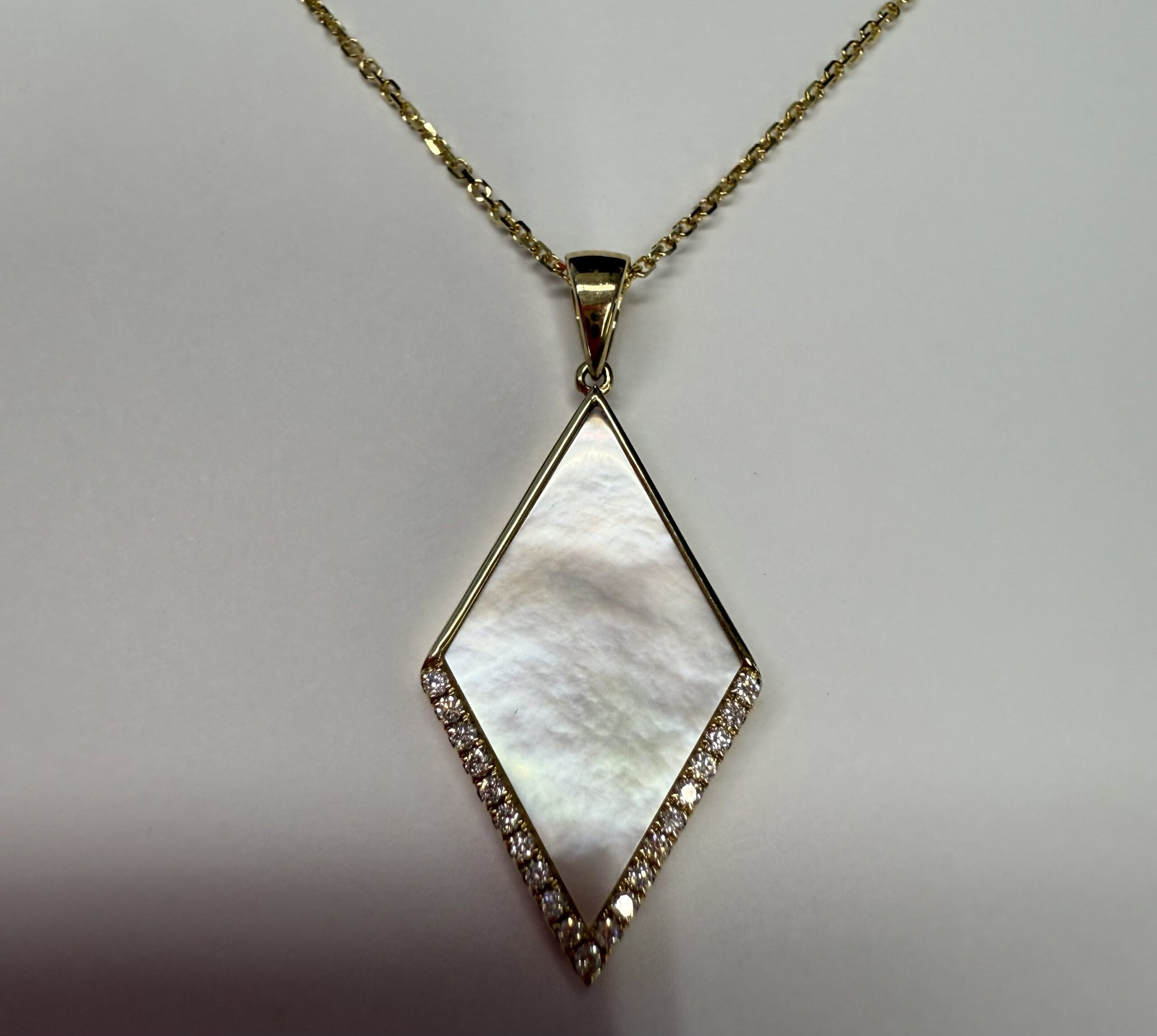 14k Yellow Gold Genuine 3.30 Cttw Mother of Pearl & Diamond Diamond Shaped Dangle Pendant - Image 6