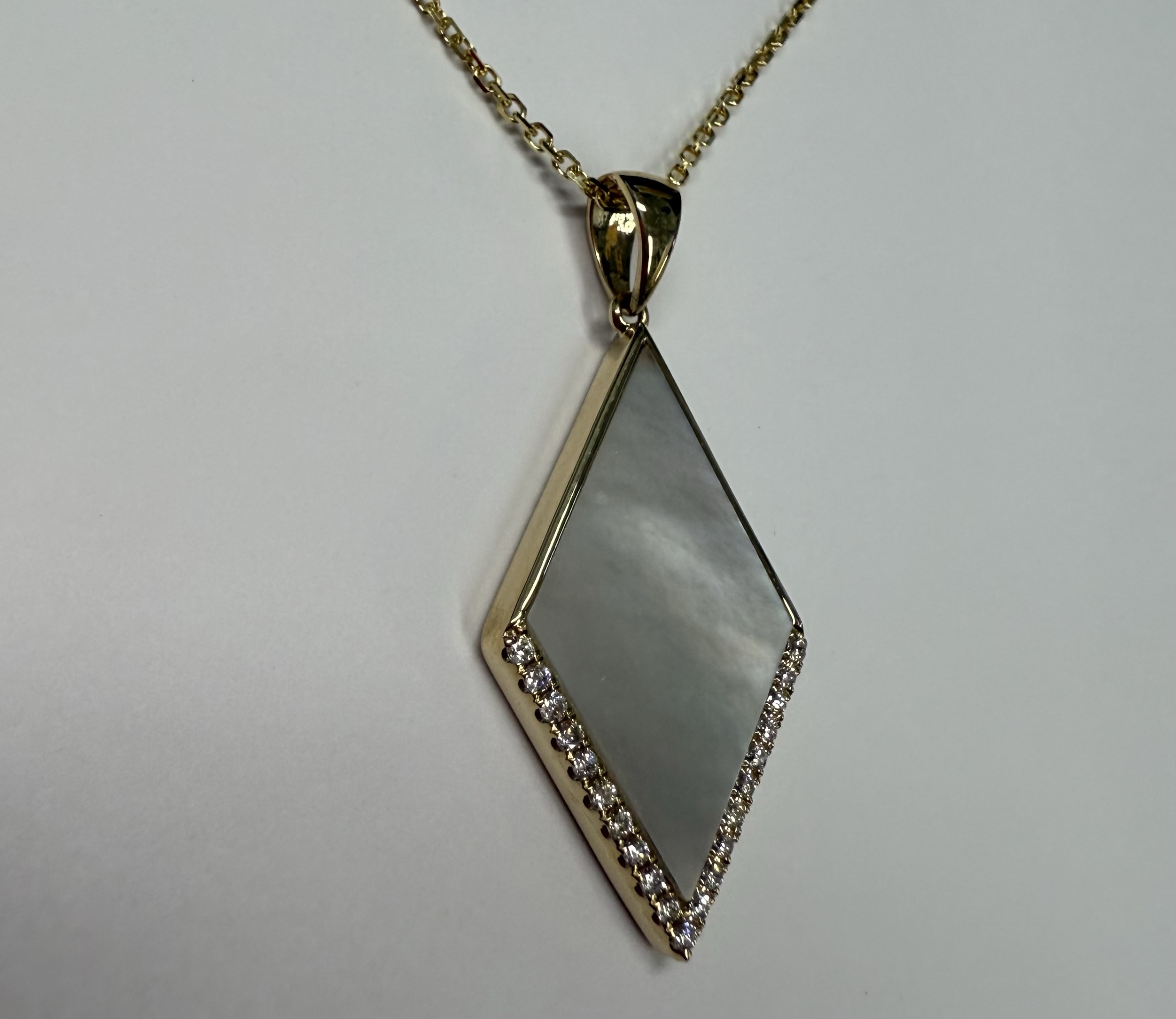 14k Yellow Gold Genuine 3.30 Cttw Mother of Pearl & Diamond Diamond Shaped Dangle Pendant - Image 8
