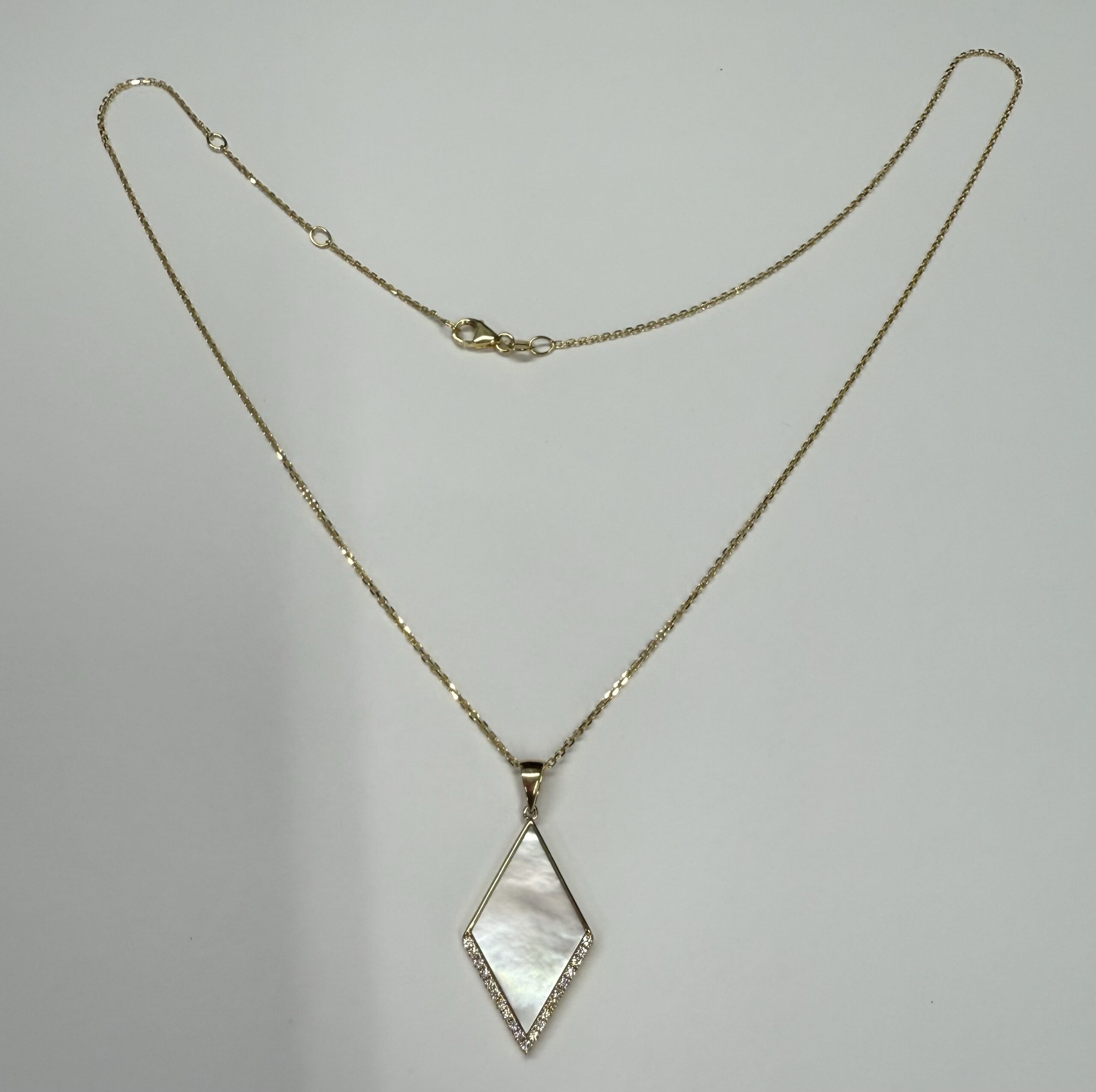 14k Yellow Gold Genuine 3.30 Cttw Mother of Pearl & Diamond Diamond Shaped Dangle Pendant - Image 11