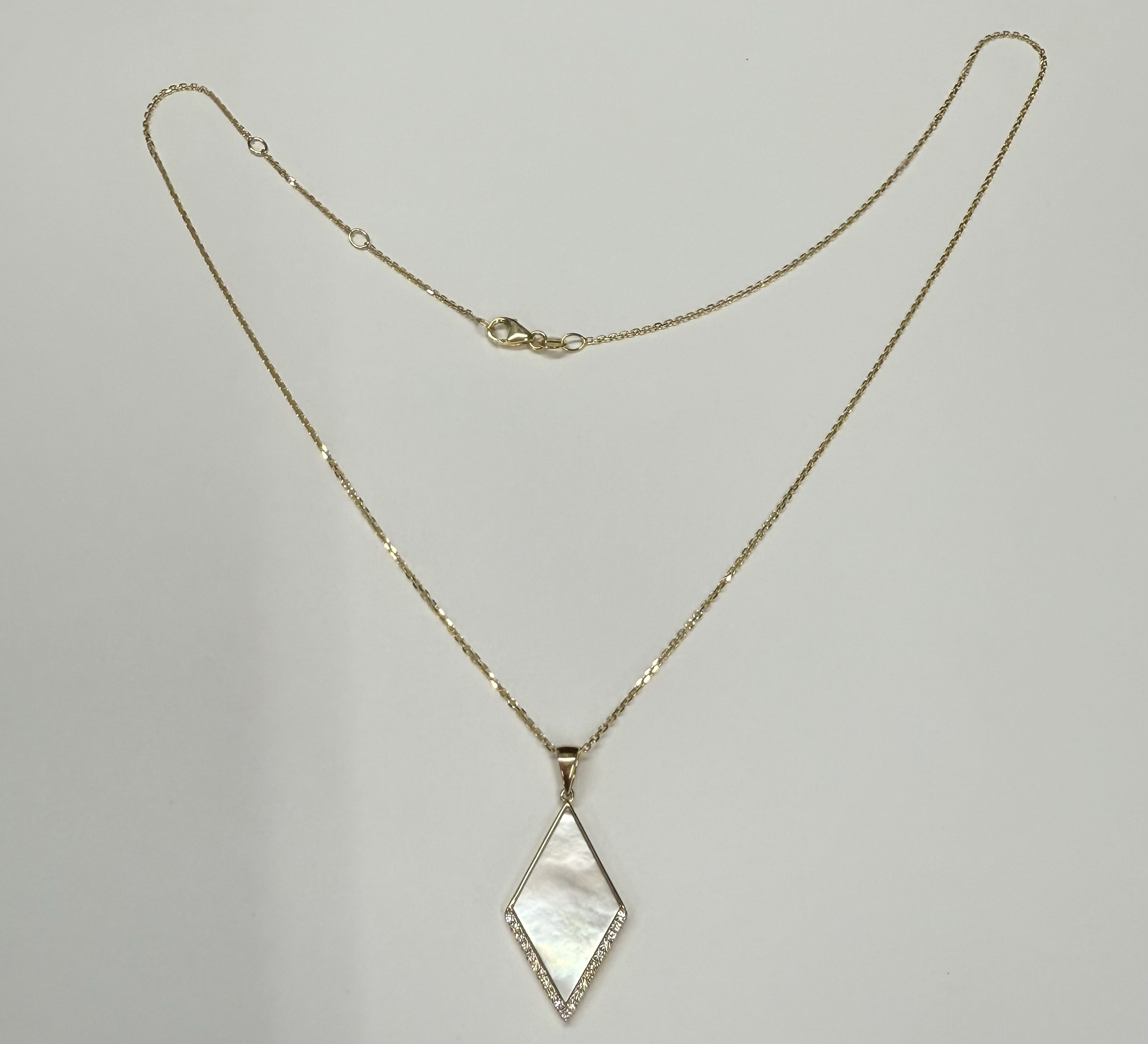 14k Yellow Gold Genuine 3.30 Cttw Mother of Pearl & Diamond Diamond Shaped Dangle Pendant - Image 10