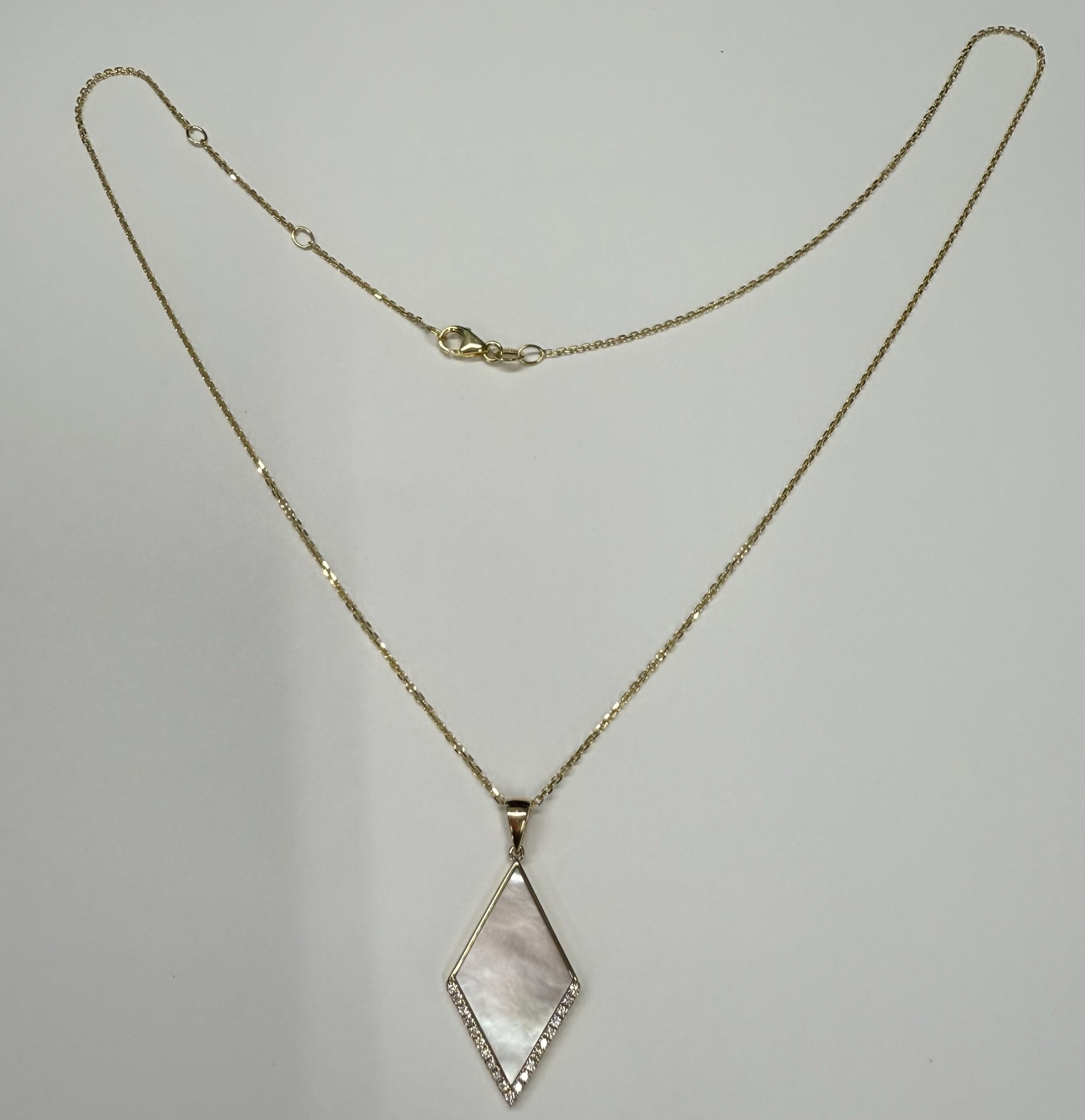 14k Yellow Gold Genuine 3.30 Cttw Mother of Pearl & Diamond Diamond Shaped Dangle Pendant - Image 13