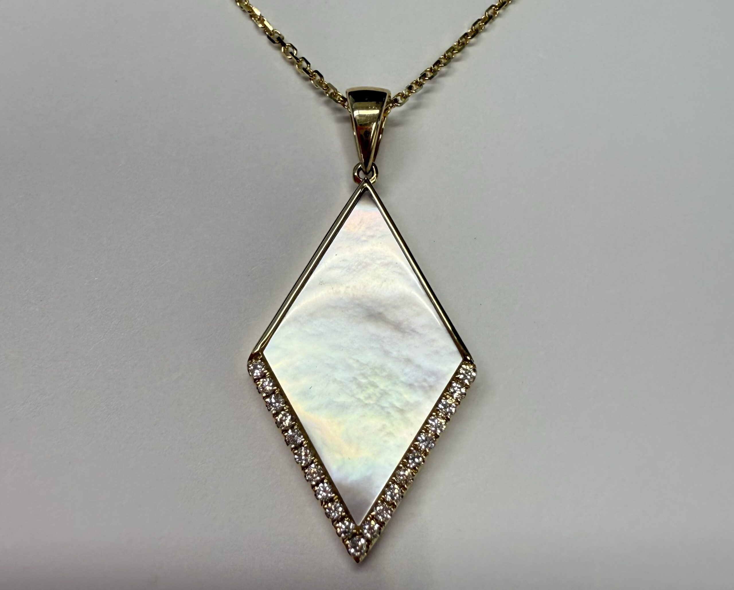 14k Yellow Gold Genuine 3.30 Cttw Mother of Pearl & Diamond Diamond Shaped Dangle Pendant - Image 17