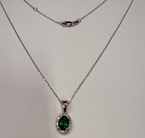 14k White Gold Genuine .80 Cttw Emerald & Diamond Halo Pendant
