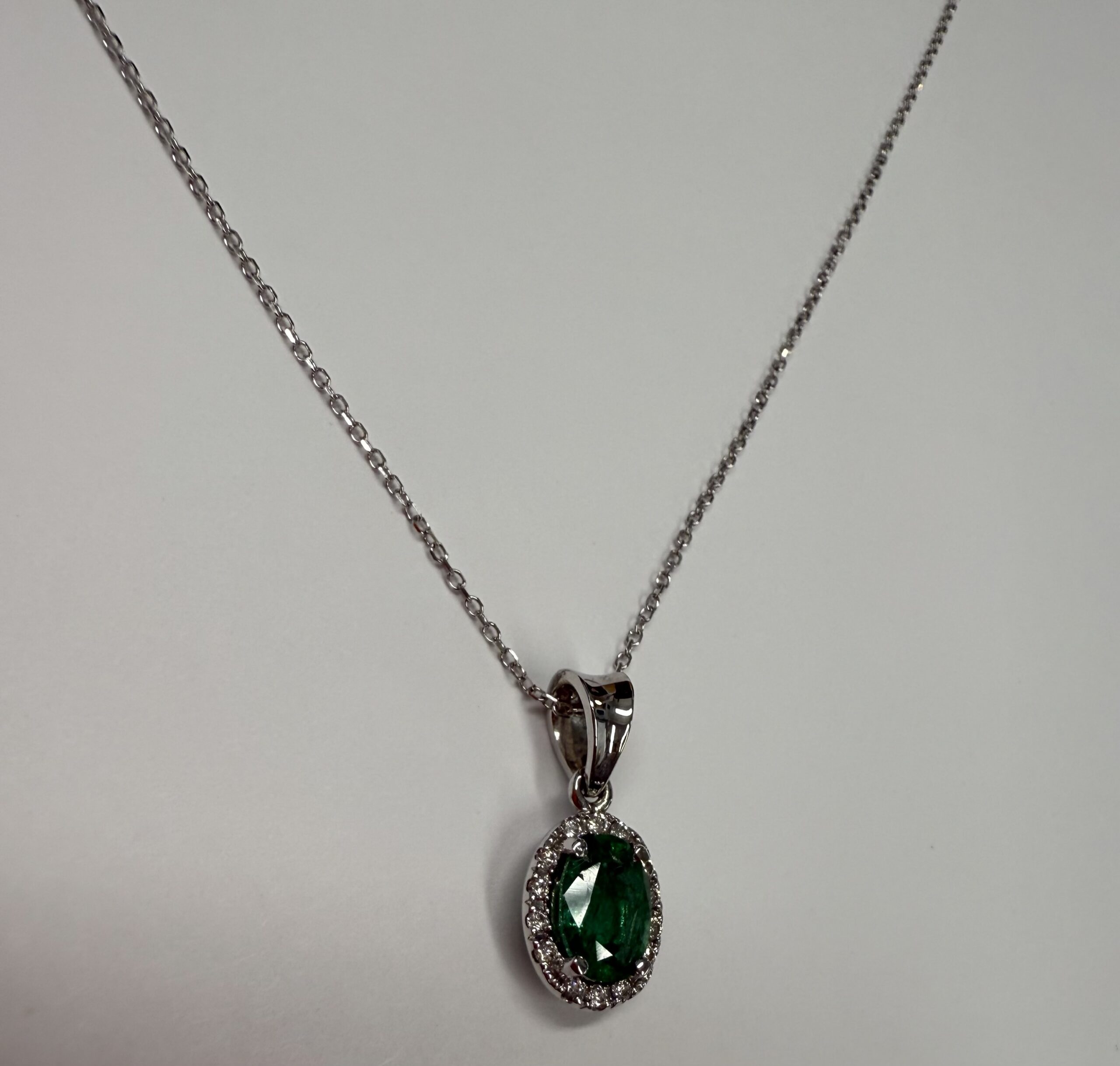14k White Gold Genuine .80 Cttw Emerald & Diamond Halo Pendant - Image 3