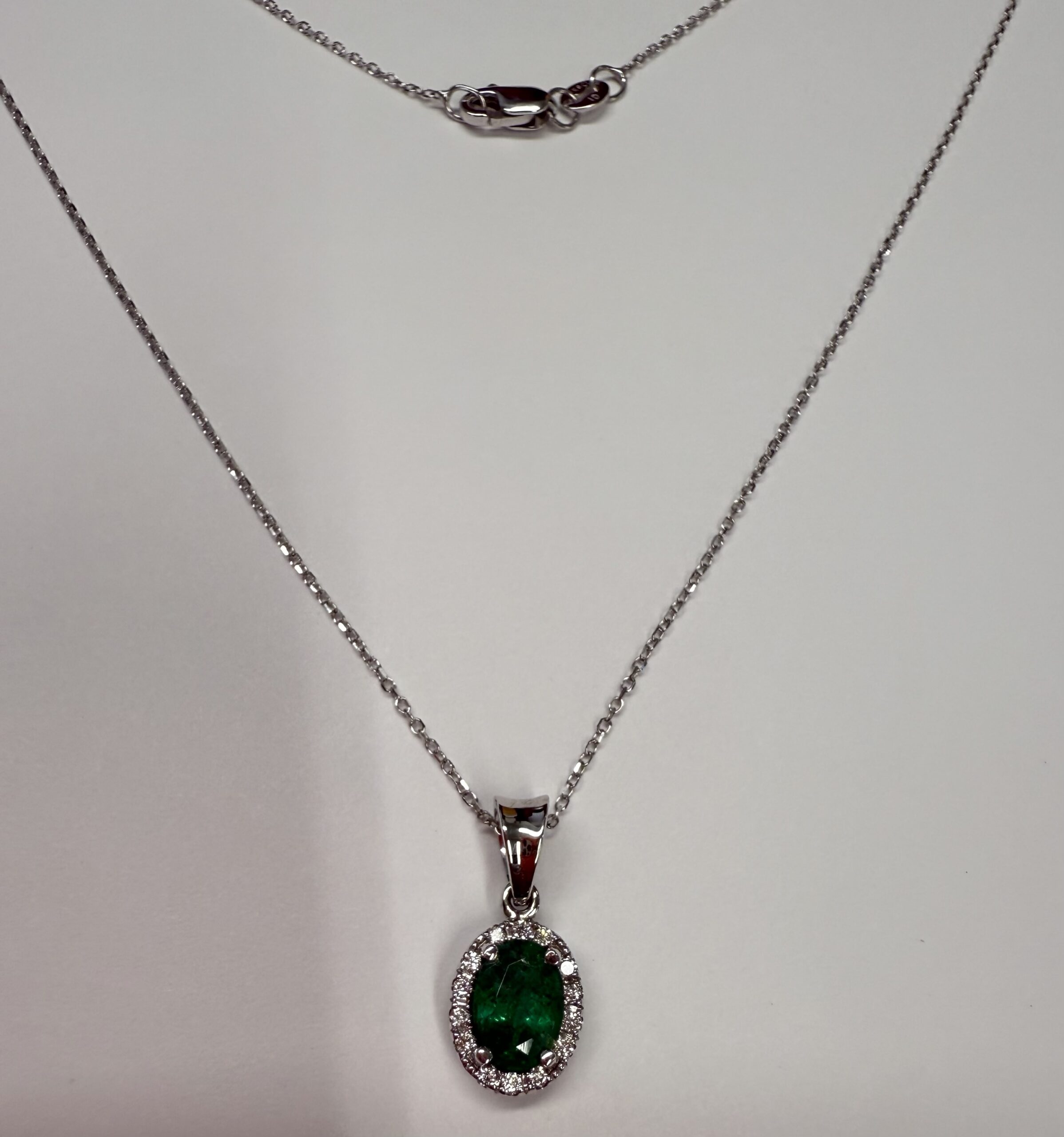 14k White Gold Genuine .80 Cttw Emerald & Diamond Halo Pendant - Image 6