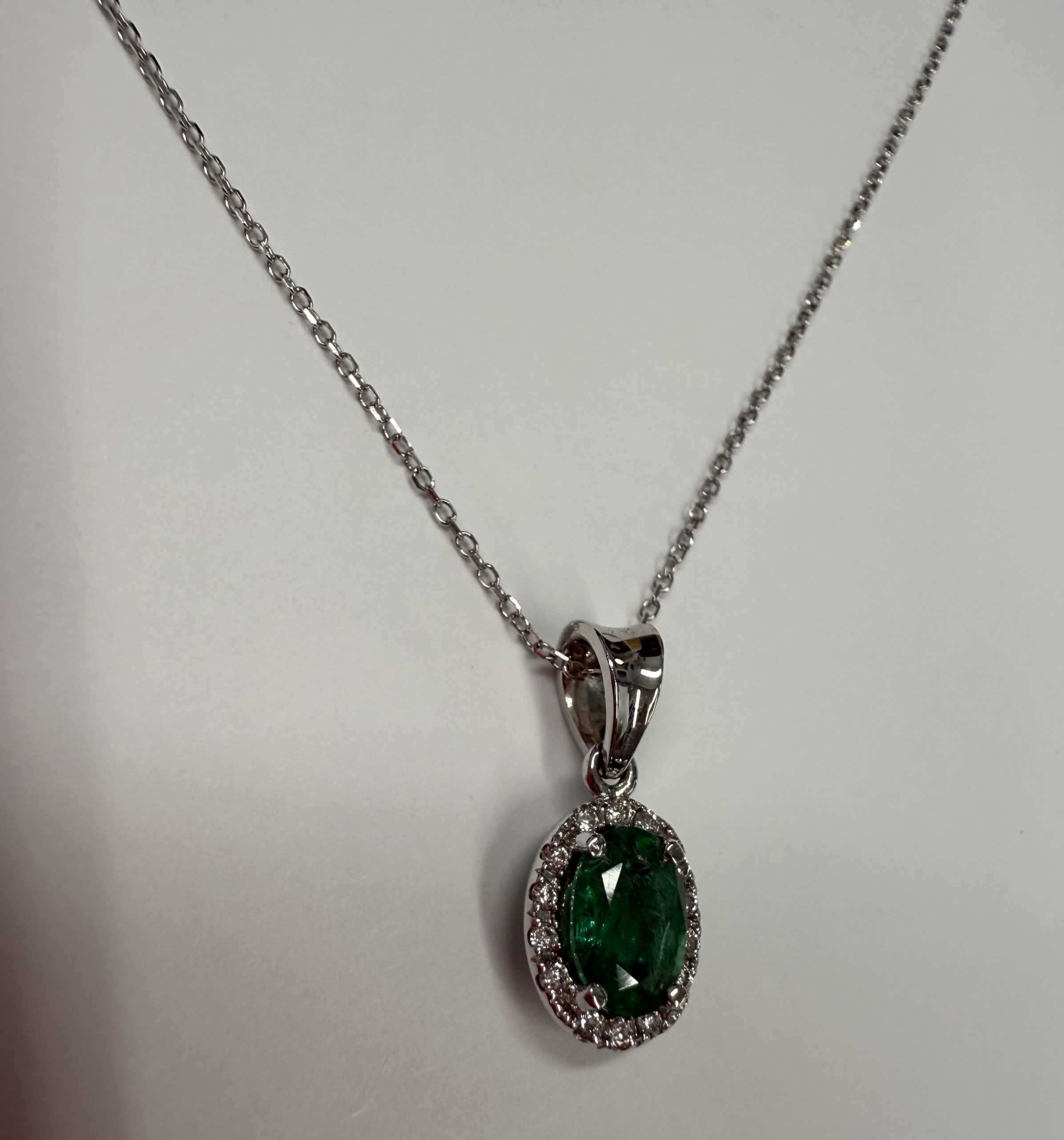 14k White Gold Genuine .80 Cttw Emerald & Diamond Halo Pendant - Image 17
