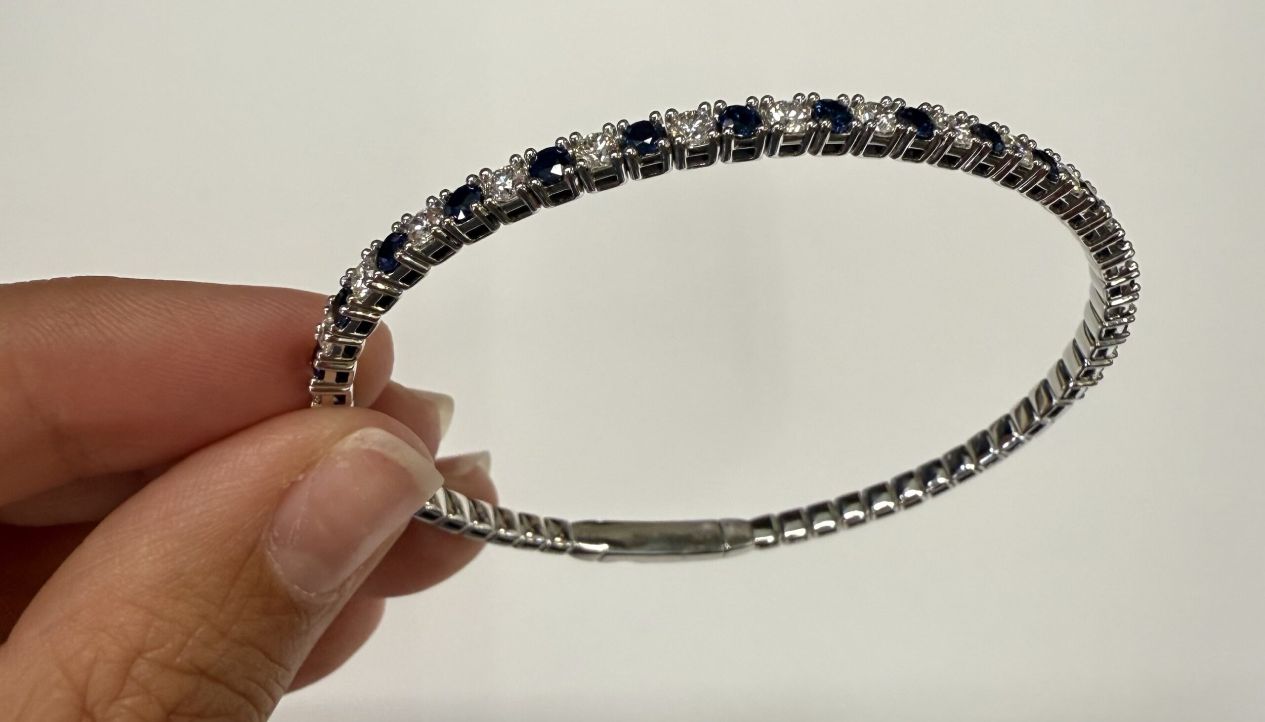14k White Gold Genuine 1.40 Cttw Sapphire & 1.50 Cttw Diamond Flexible Bangle Bracelet - Image 2
