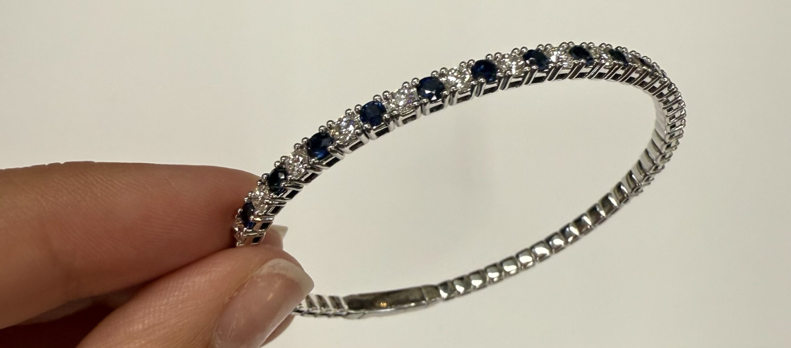 14k White Gold Genuine 1.40 Cttw Sapphire & 1.50 Cttw Diamond Flexible Bangle Bracelet - Image 3