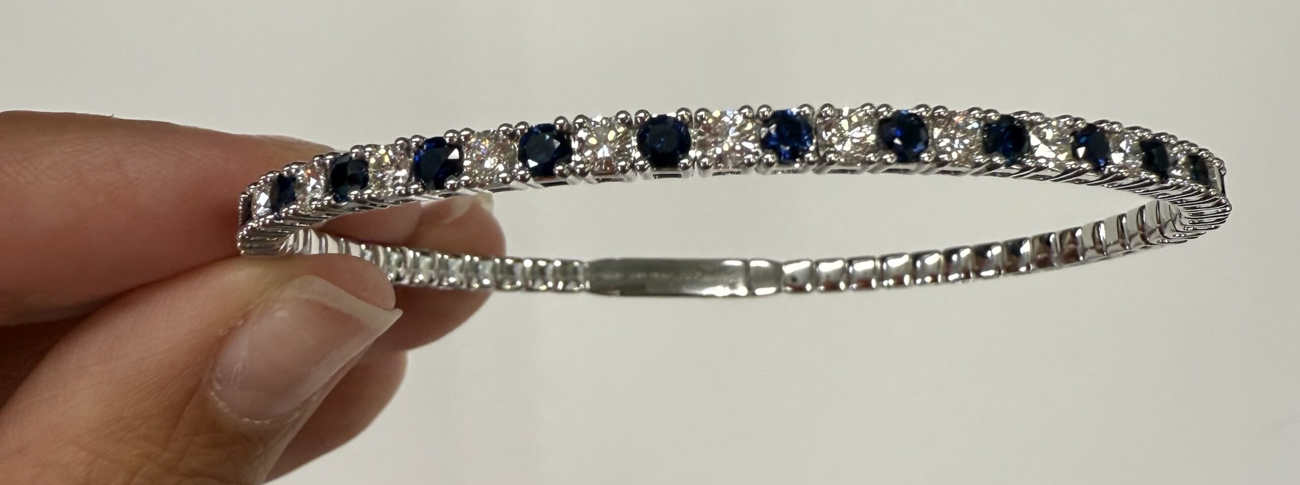 14k White Gold Genuine 1.40 Cttw Sapphire & 1.50 Cttw Diamond Flexible Bangle Bracelet - Image 7