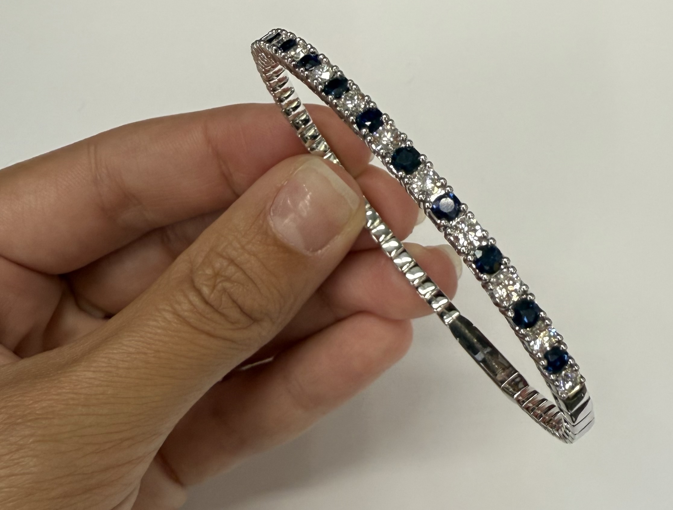 14k White Gold Genuine 1.40 Cttw Sapphire & 1.50 Cttw Diamond Flexible Bangle Bracelet - Image 9