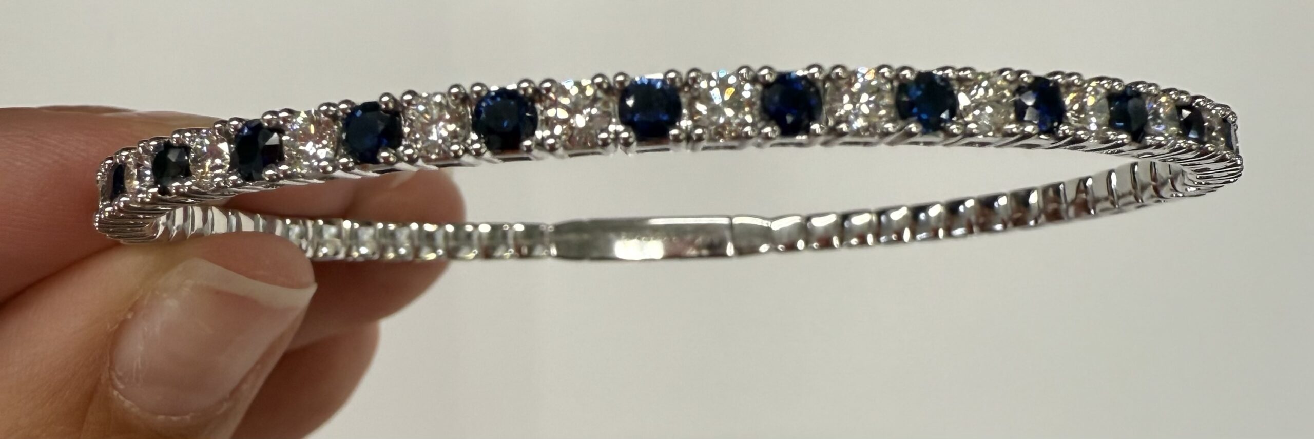 14k White Gold Genuine 1.40 Cttw Sapphire & 1.50 Cttw Diamond Flexible Bangle Bracelet - Image 11