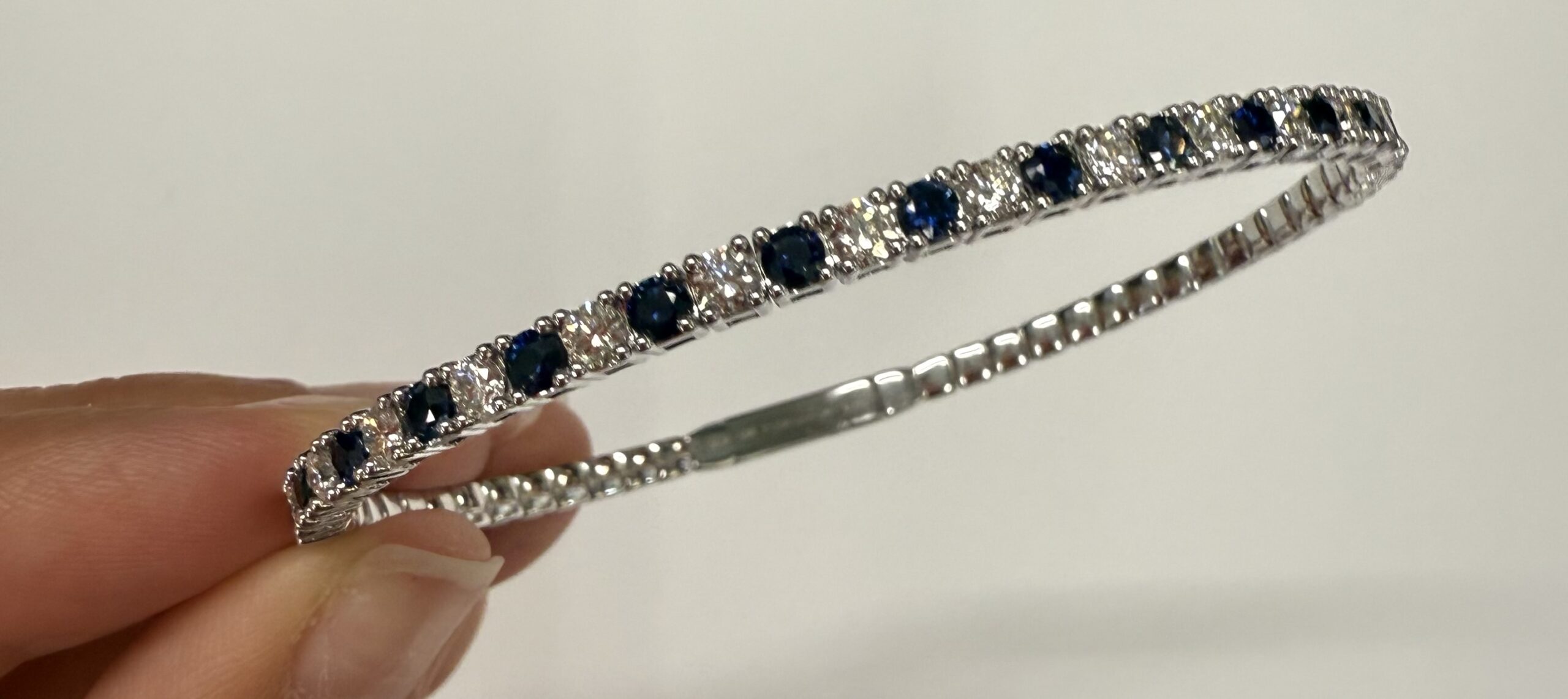 14k White Gold Genuine 1.40 Cttw Sapphire & 1.50 Cttw Diamond Flexible Bangle Bracelet - Image 12
