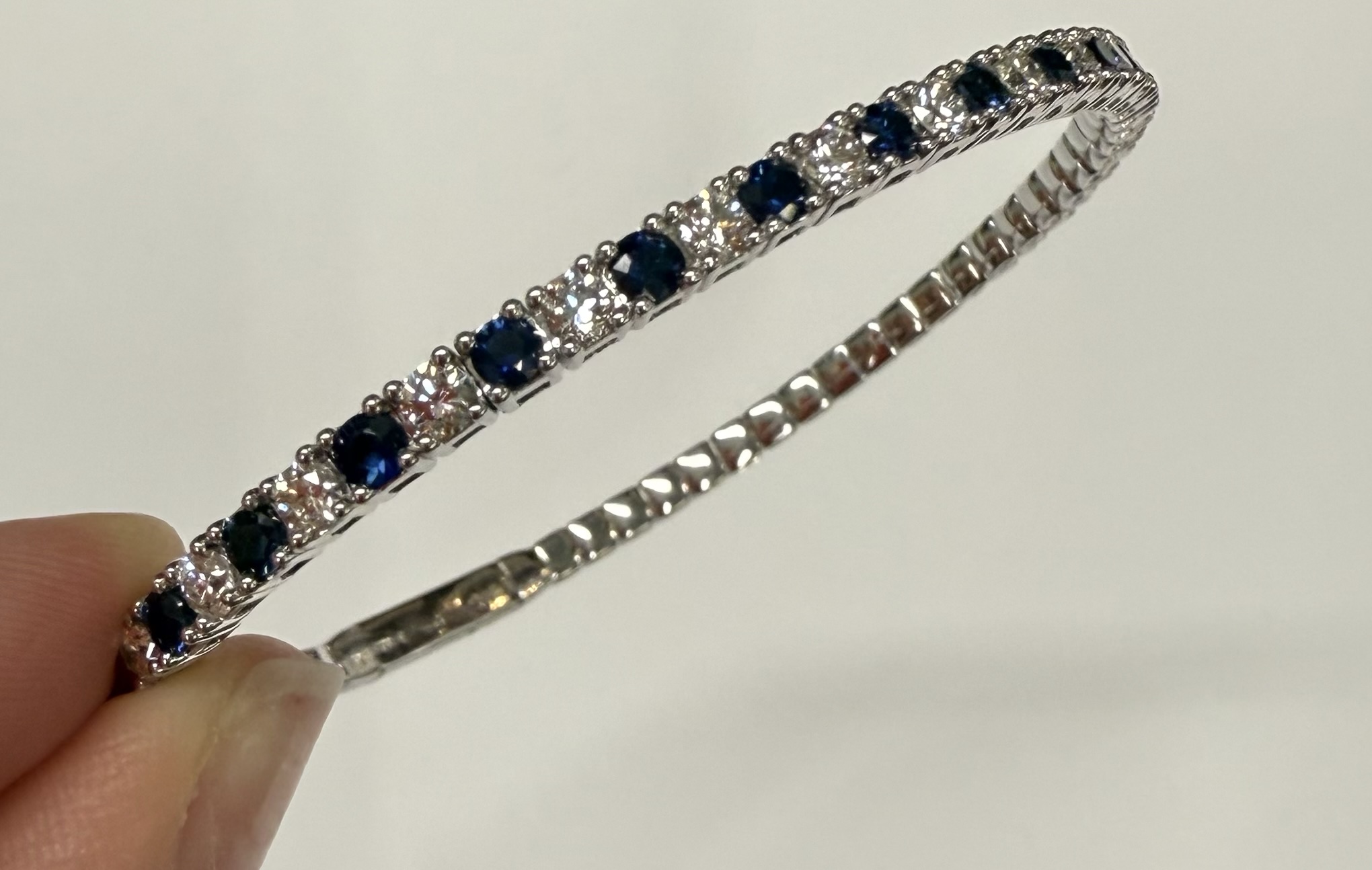 14k White Gold Genuine 1.40 Cttw Sapphire & 1.50 Cttw Diamond Flexible Bangle Bracelet - Image 13