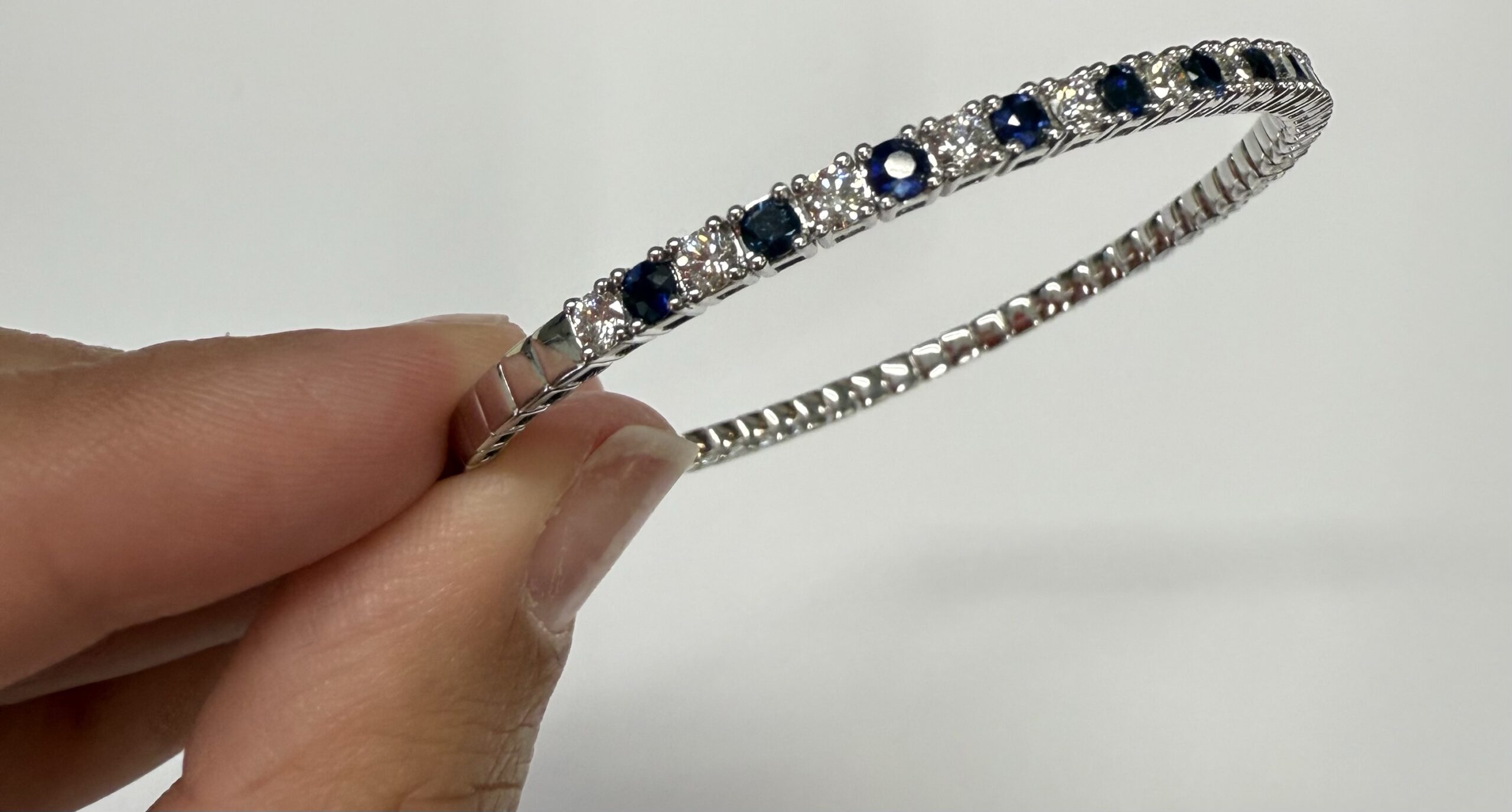 14k White Gold Genuine 1.40 Cttw Sapphire & 1.50 Cttw Diamond Flexible Bangle Bracelet - Image 14