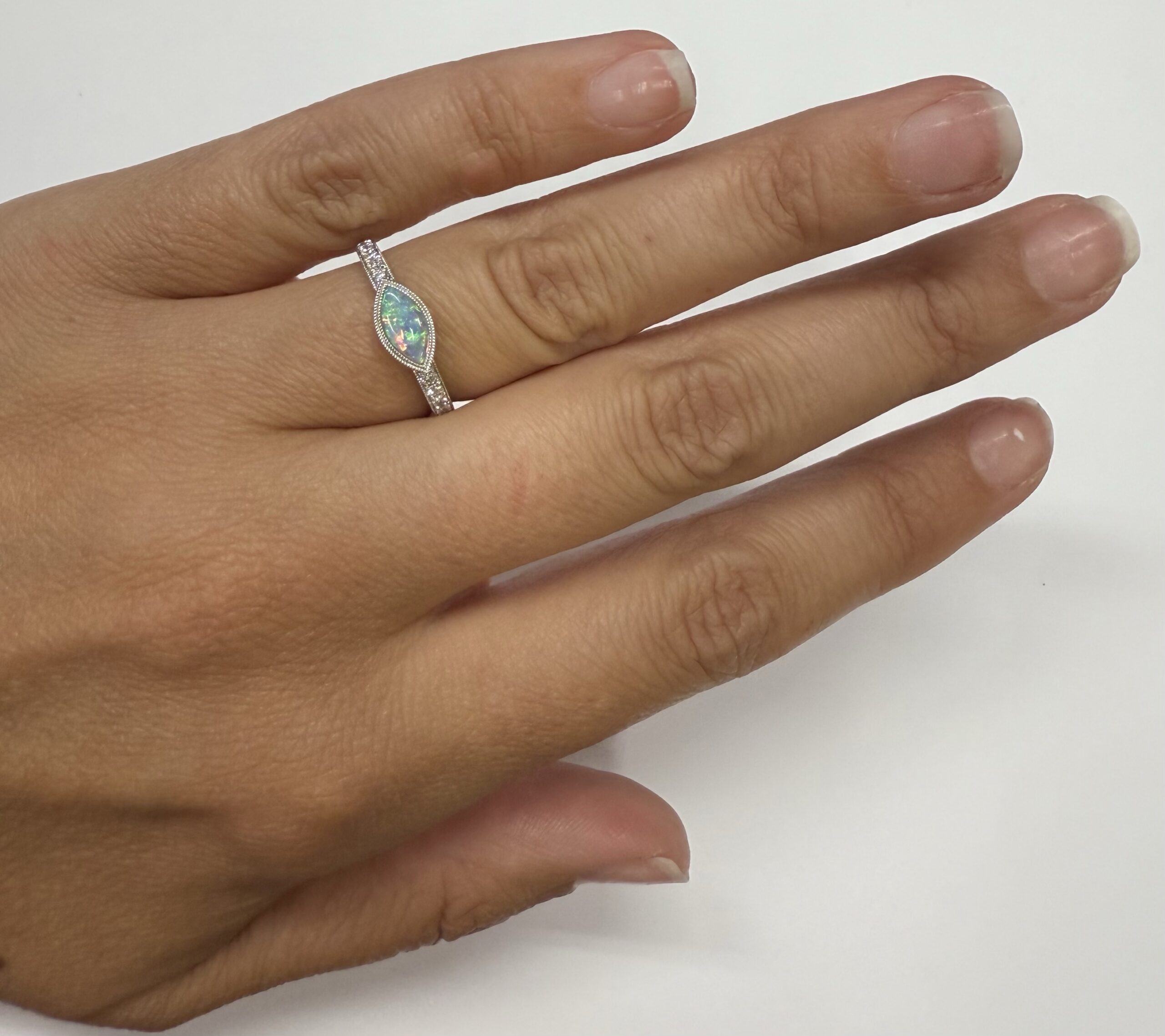 14k White Gold Genuine .36 Cttw Opal & Diamond Bezel Halo Ring - Image 33