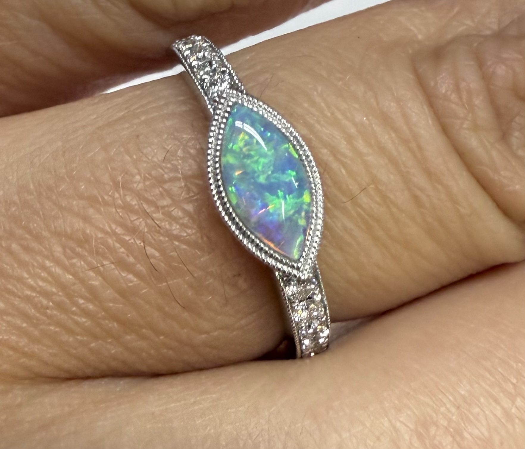 14k White Gold Genuine .36 Cttw Opal & Diamond Bezel Halo Ring - Image 31