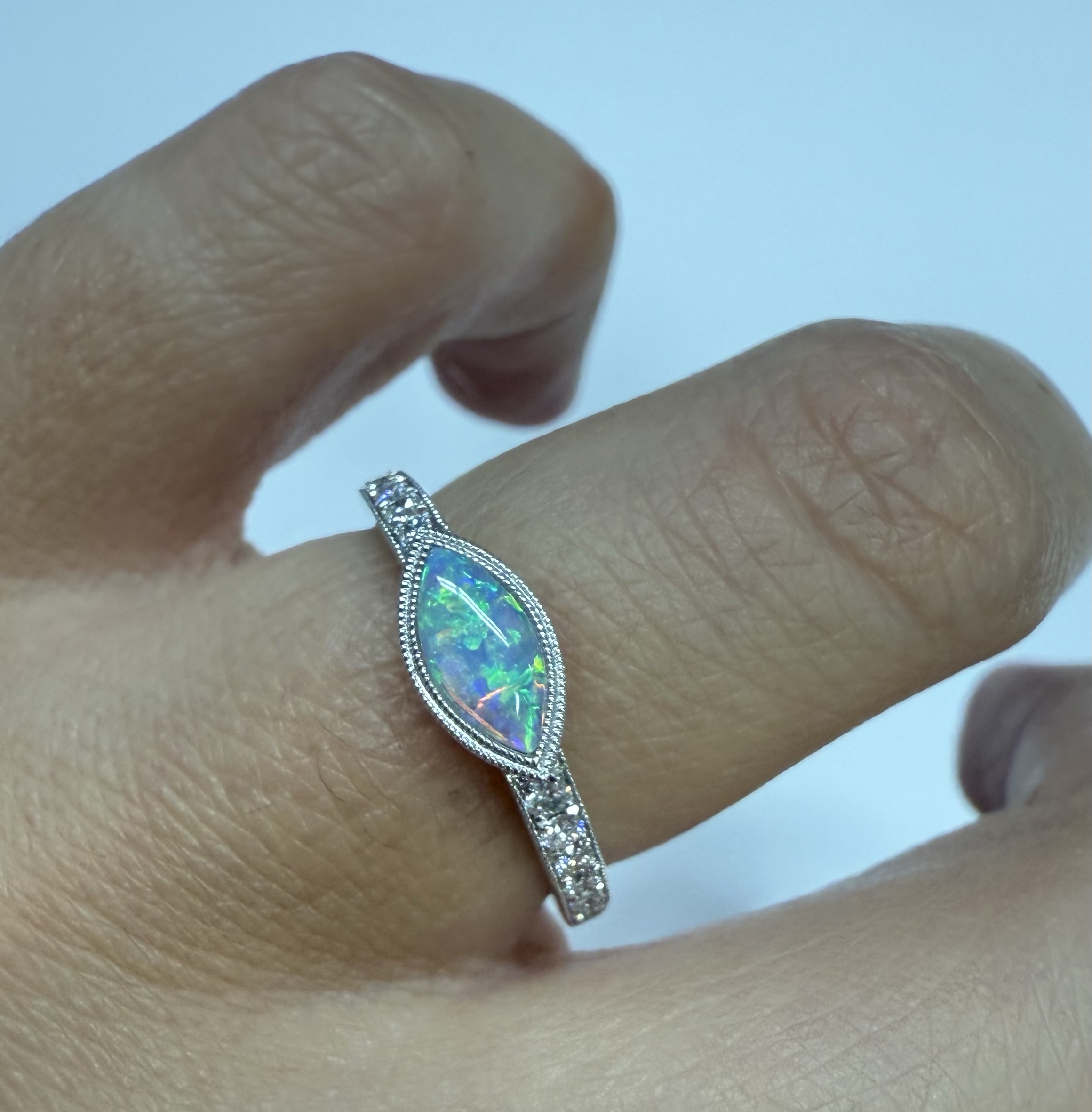 14k White Gold Genuine .36 Cttw Opal & Diamond Bezel Halo Ring - Image 26
