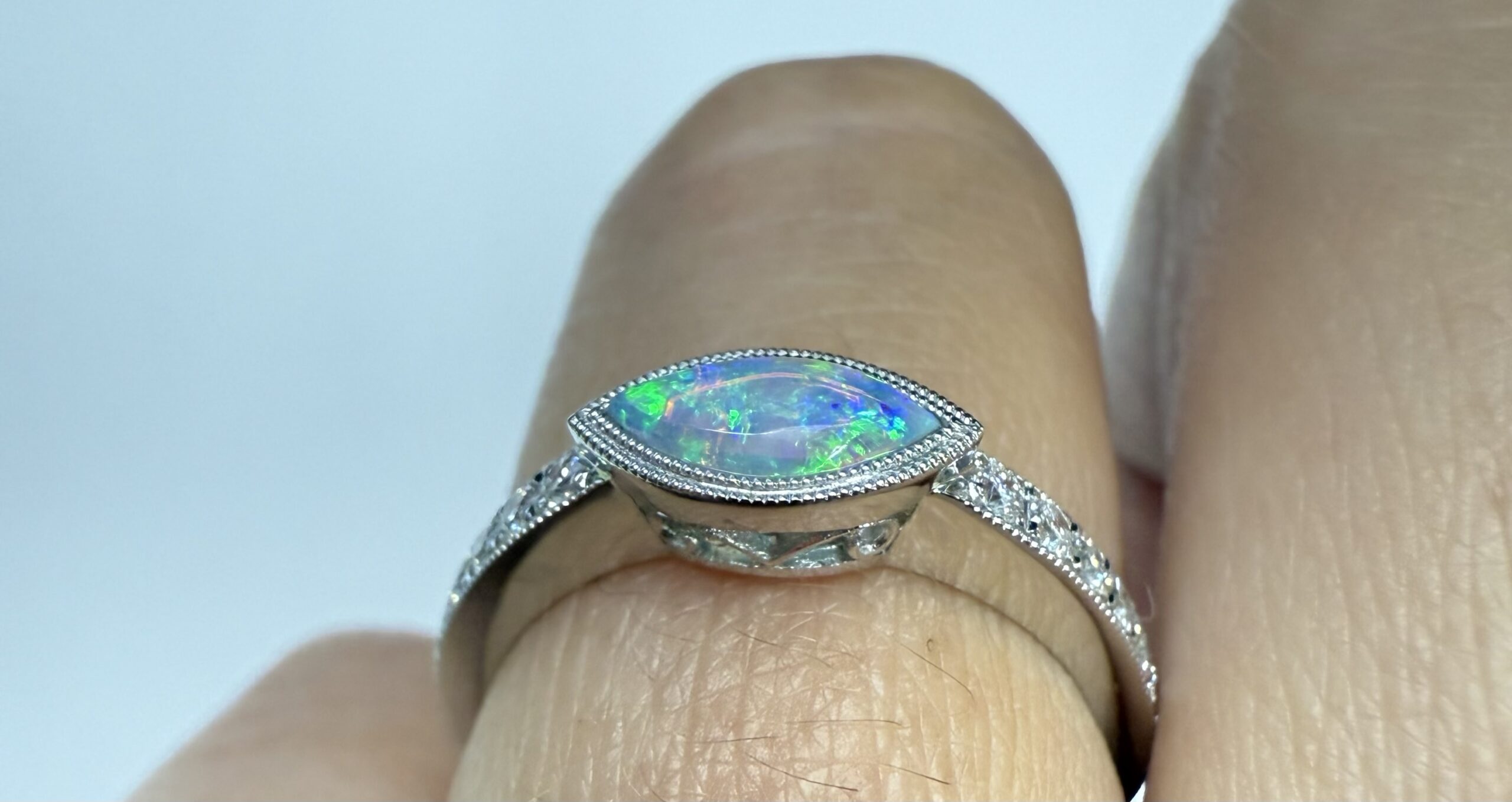 14k White Gold Genuine .36 Cttw Opal & Diamond Bezel Halo Ring - Image 22