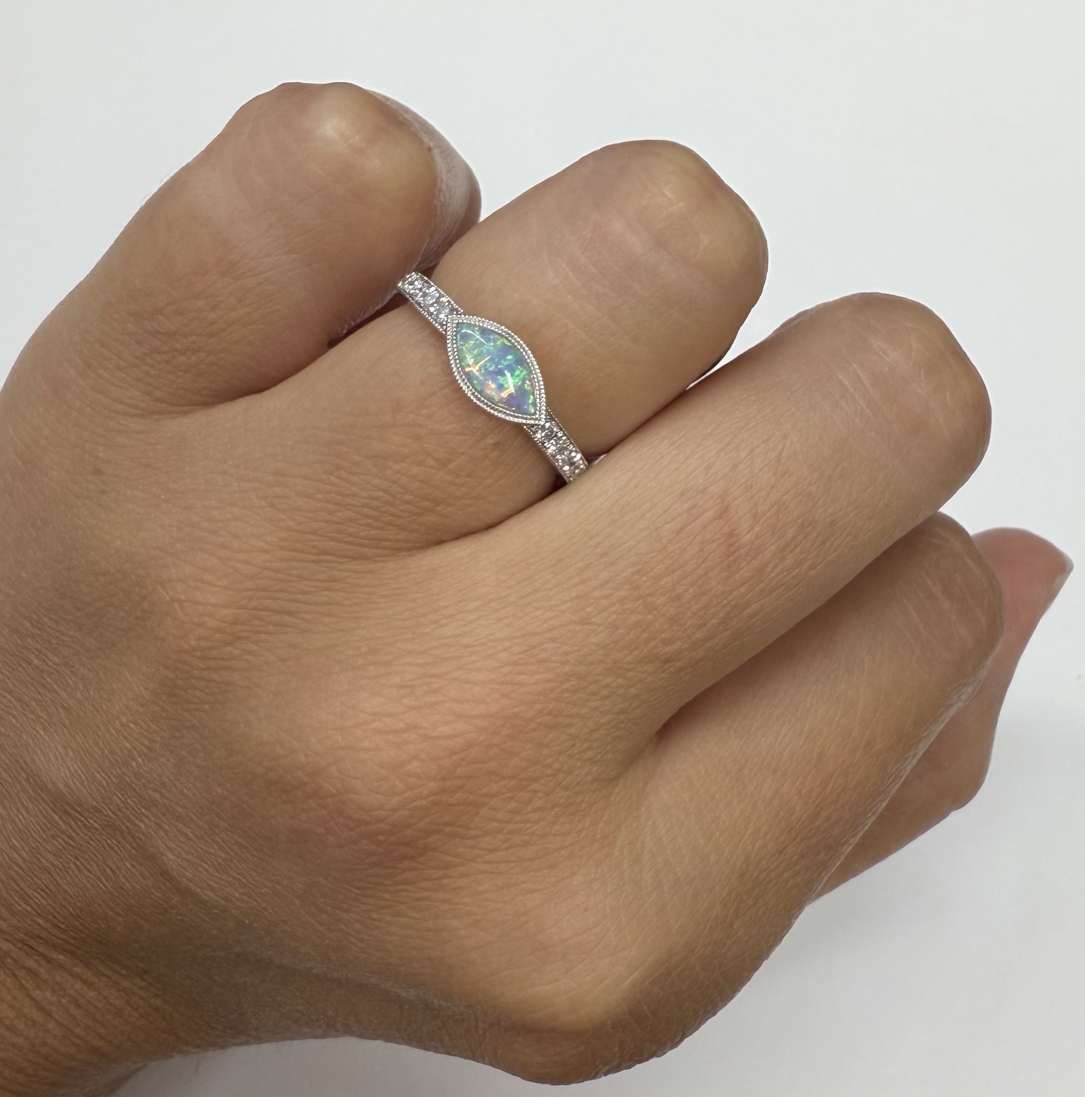 14k White Gold Genuine .36 Cttw Opal & Diamond Bezel Halo Ring - Image 20