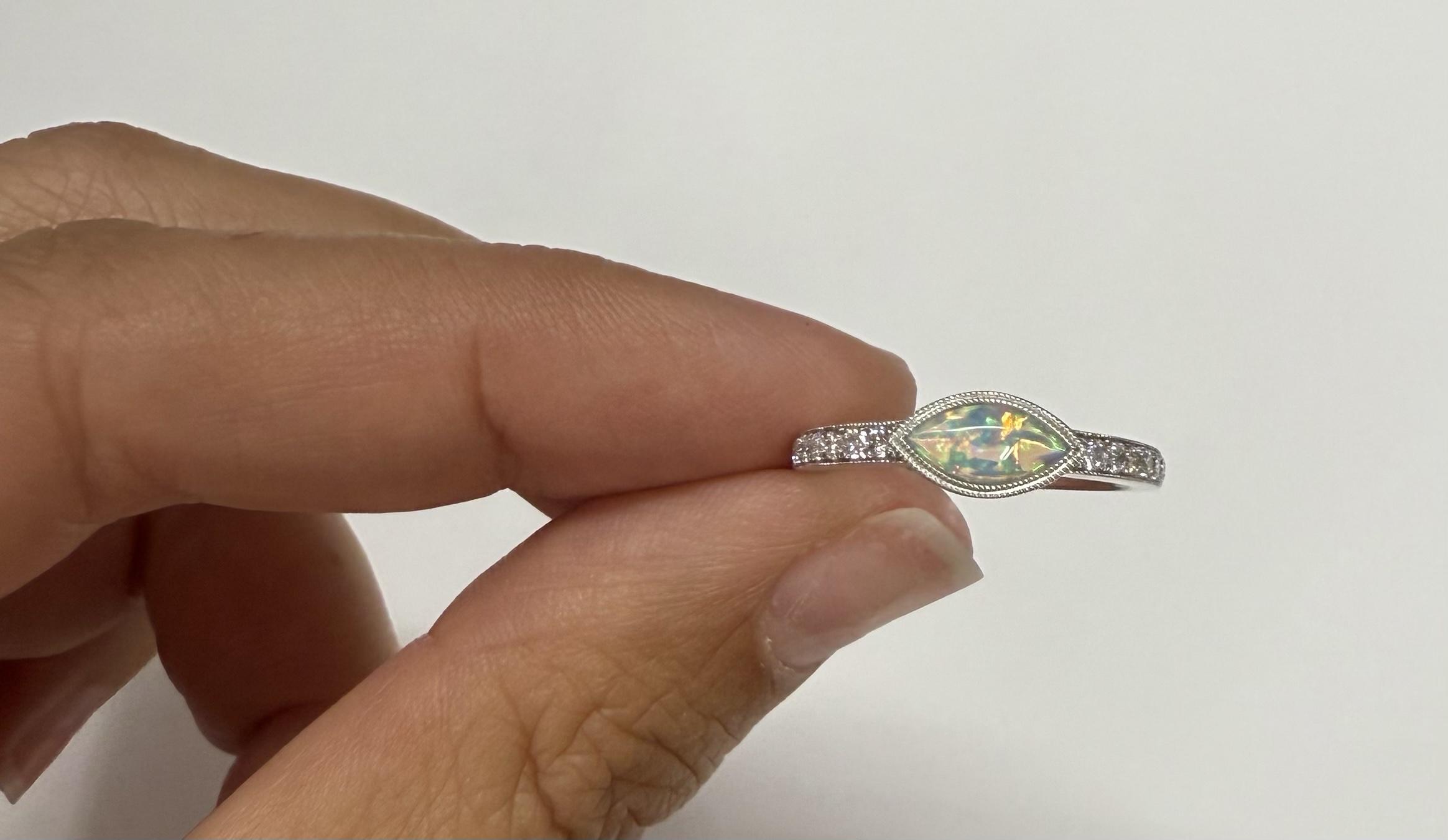 14k White Gold Genuine .36 Cttw Opal & Diamond Bezel Halo Ring - Image 19
