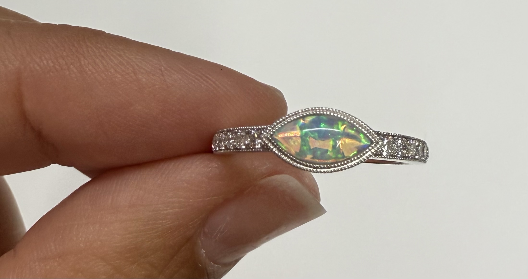 14k White Gold Genuine .36 Cttw Opal & Diamond Bezel Halo Ring - Image 5
