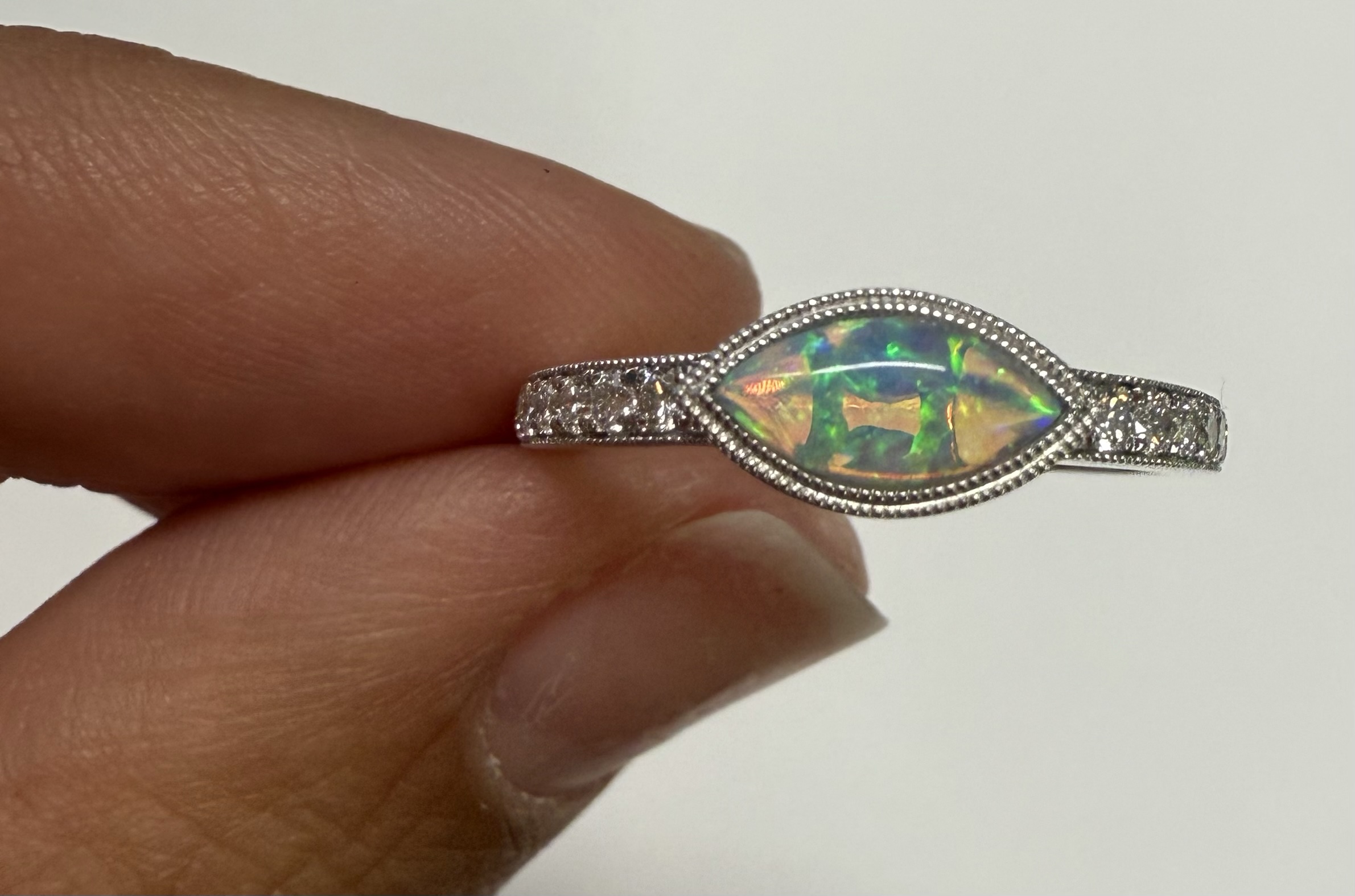 14k White Gold Genuine .36 Cttw Opal & Diamond Bezel Halo Ring - Image 17