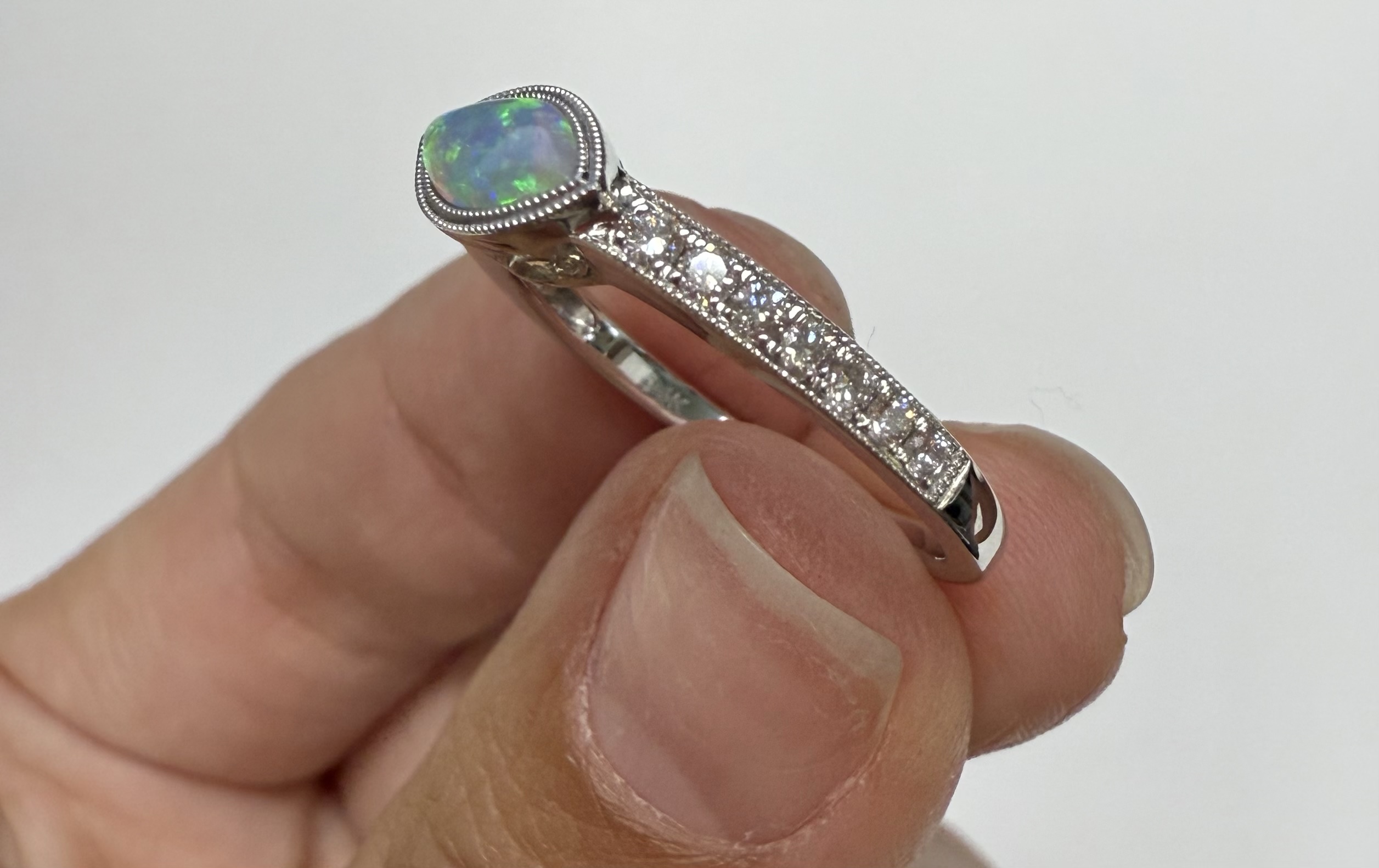 14k White Gold Genuine .36 Cttw Opal & Diamond Bezel Halo Ring - Image 4