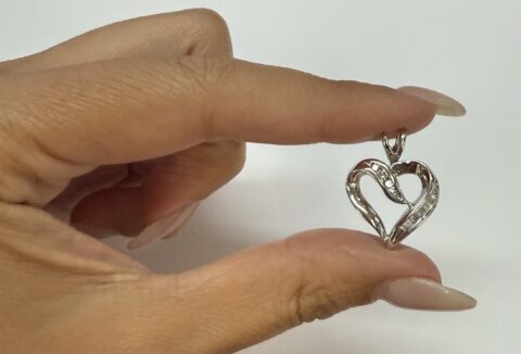 Vintage 10k White Gold Genuine Baguette Diamond Open Heart Pendant