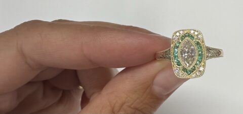 14k Yellow Gold Vintage-Inspired Genuine .54 Cttw Marquise Diamond & Emerald Ring