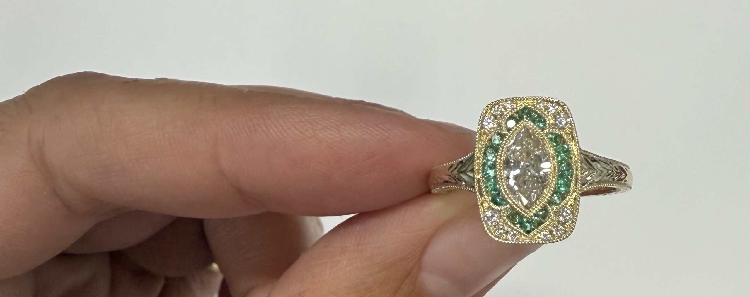 14k Yellow Gold Vintage-Inspired Genuine .54 Cttw Marquise Diamond & Emerald Ring - Image 3