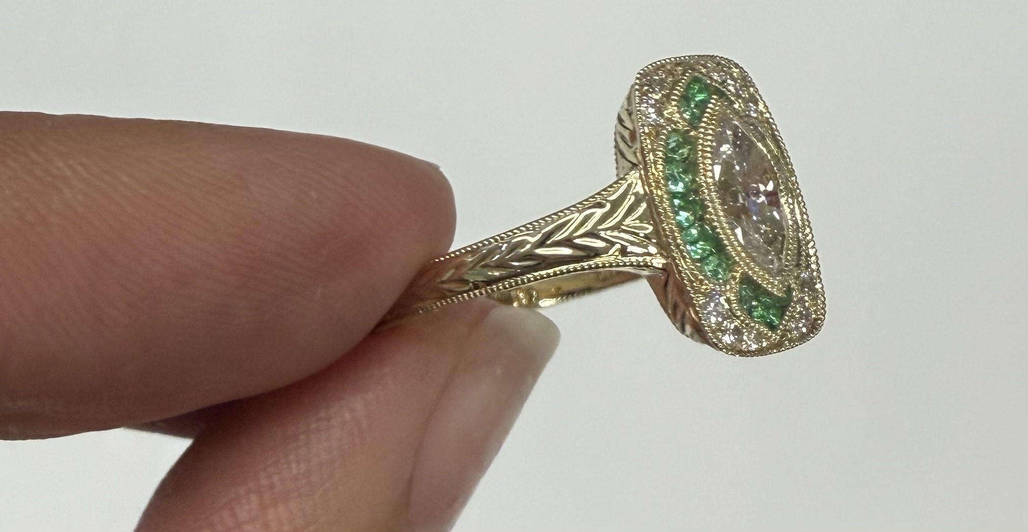 14k Yellow Gold Vintage-Inspired Genuine .54 Cttw Marquise Diamond & Emerald Ring - Image 5