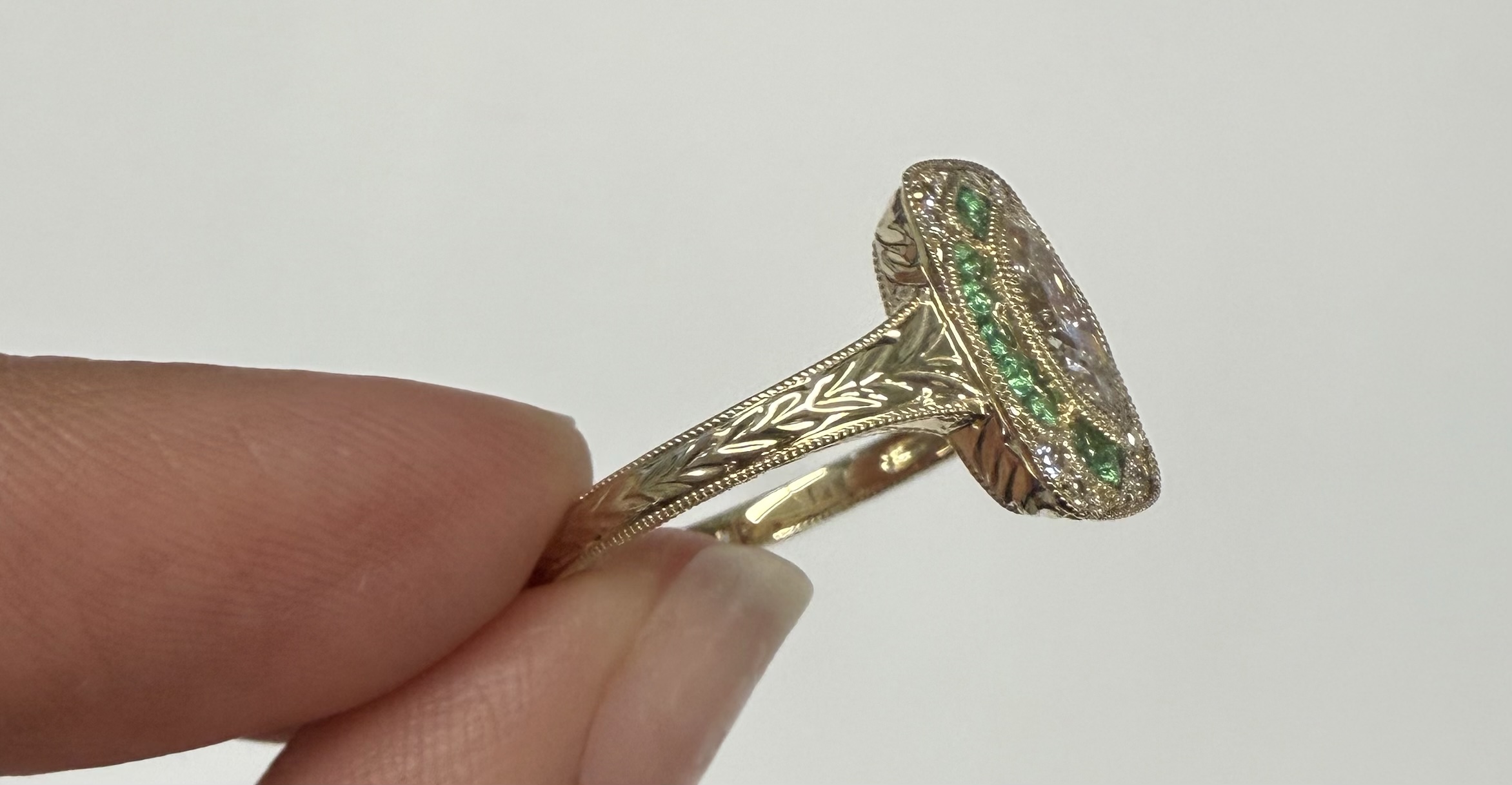 14k Yellow Gold Vintage-Inspired Genuine .54 Cttw Marquise Diamond & Emerald Ring - Image 6