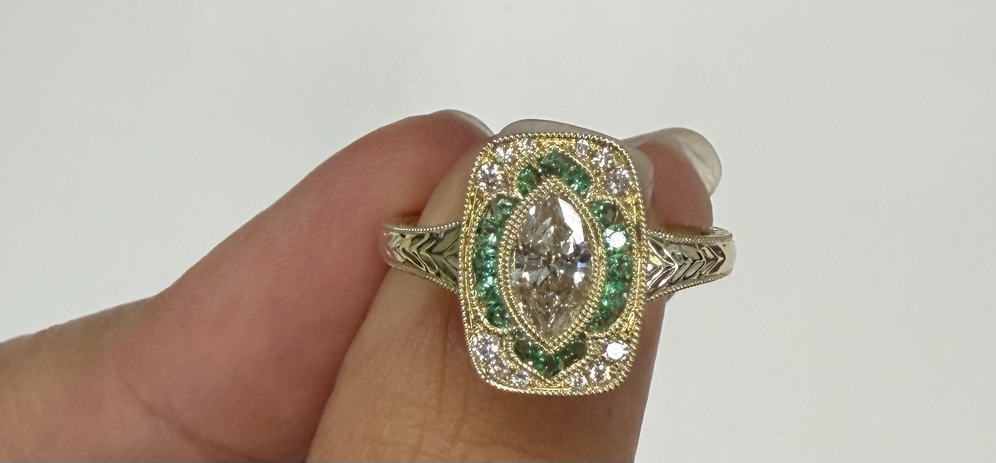 14k Yellow Gold Vintage-Inspired Genuine .54 Cttw Marquise Diamond & Emerald Ring - Image 8