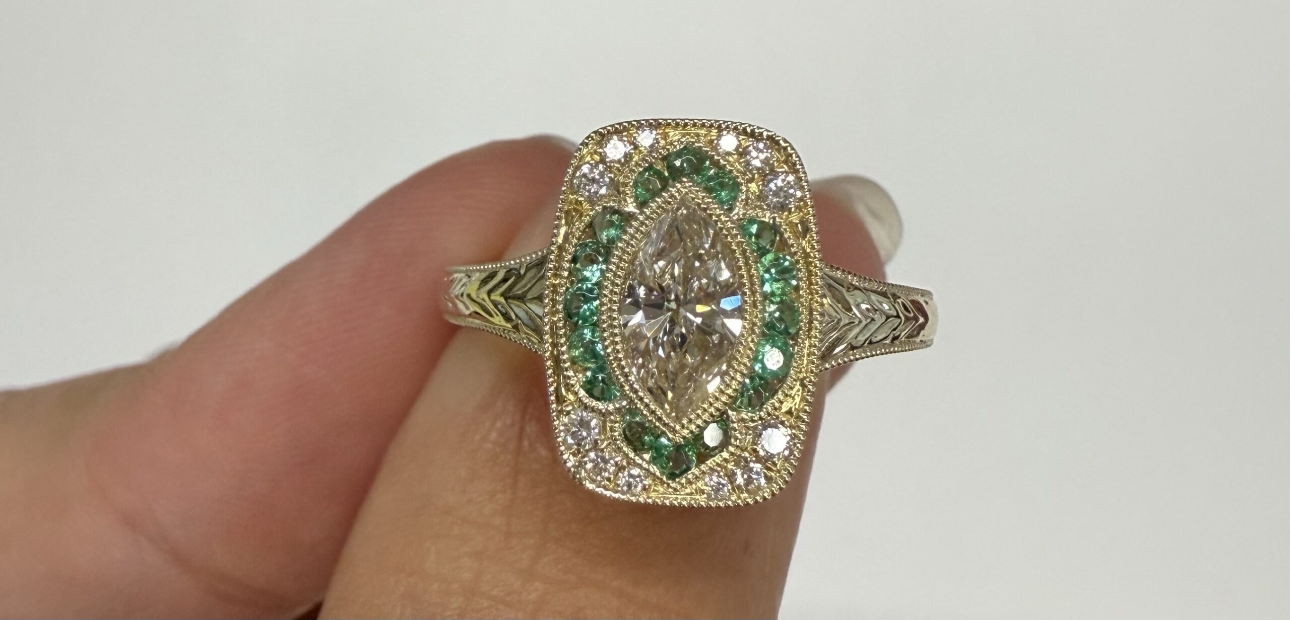 14k Yellow Gold Vintage-Inspired Genuine .54 Cttw Marquise Diamond & Emerald Ring - Image 9