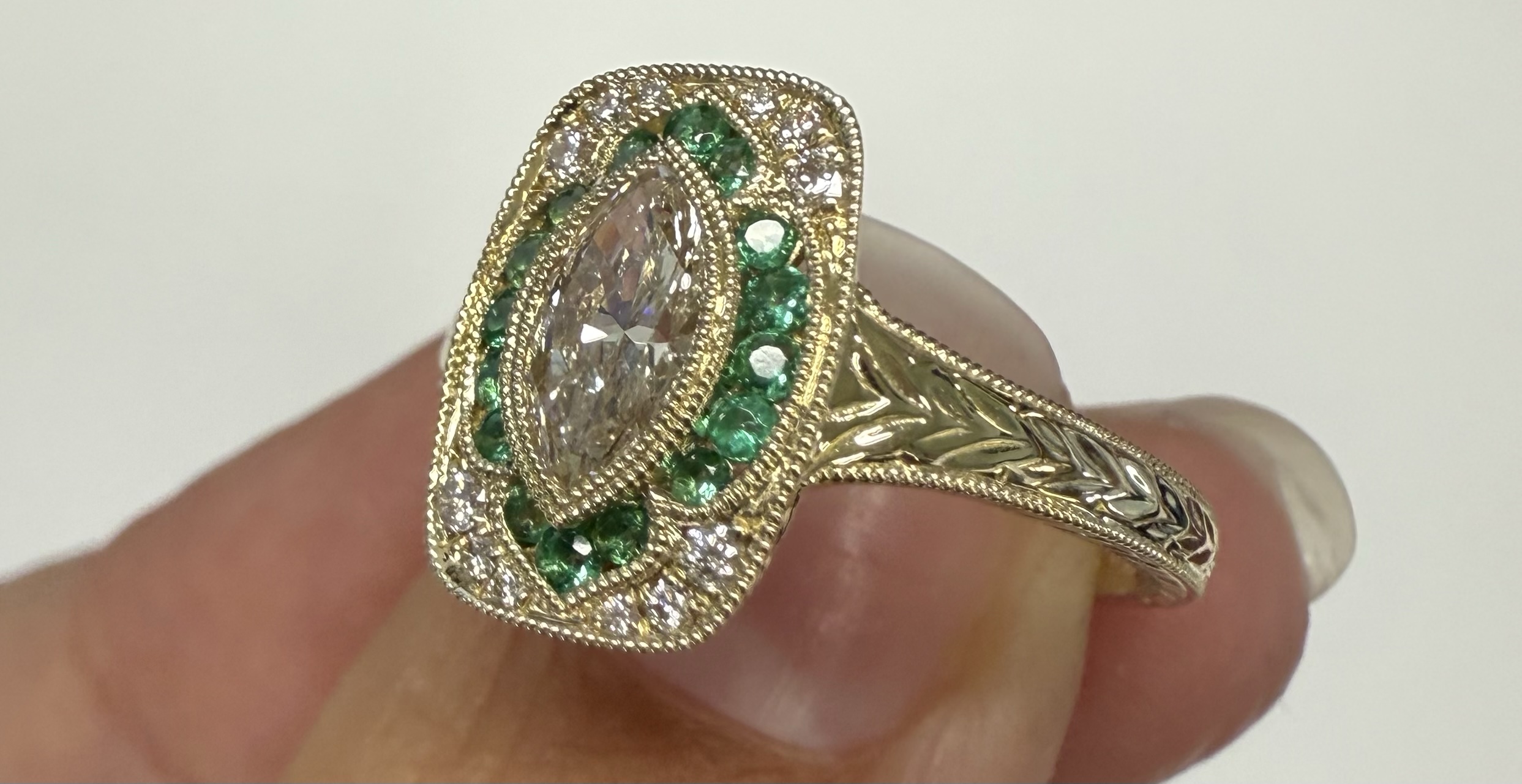14k Yellow Gold Vintage-Inspired Genuine .54 Cttw Marquise Diamond & Emerald Ring - Image 12