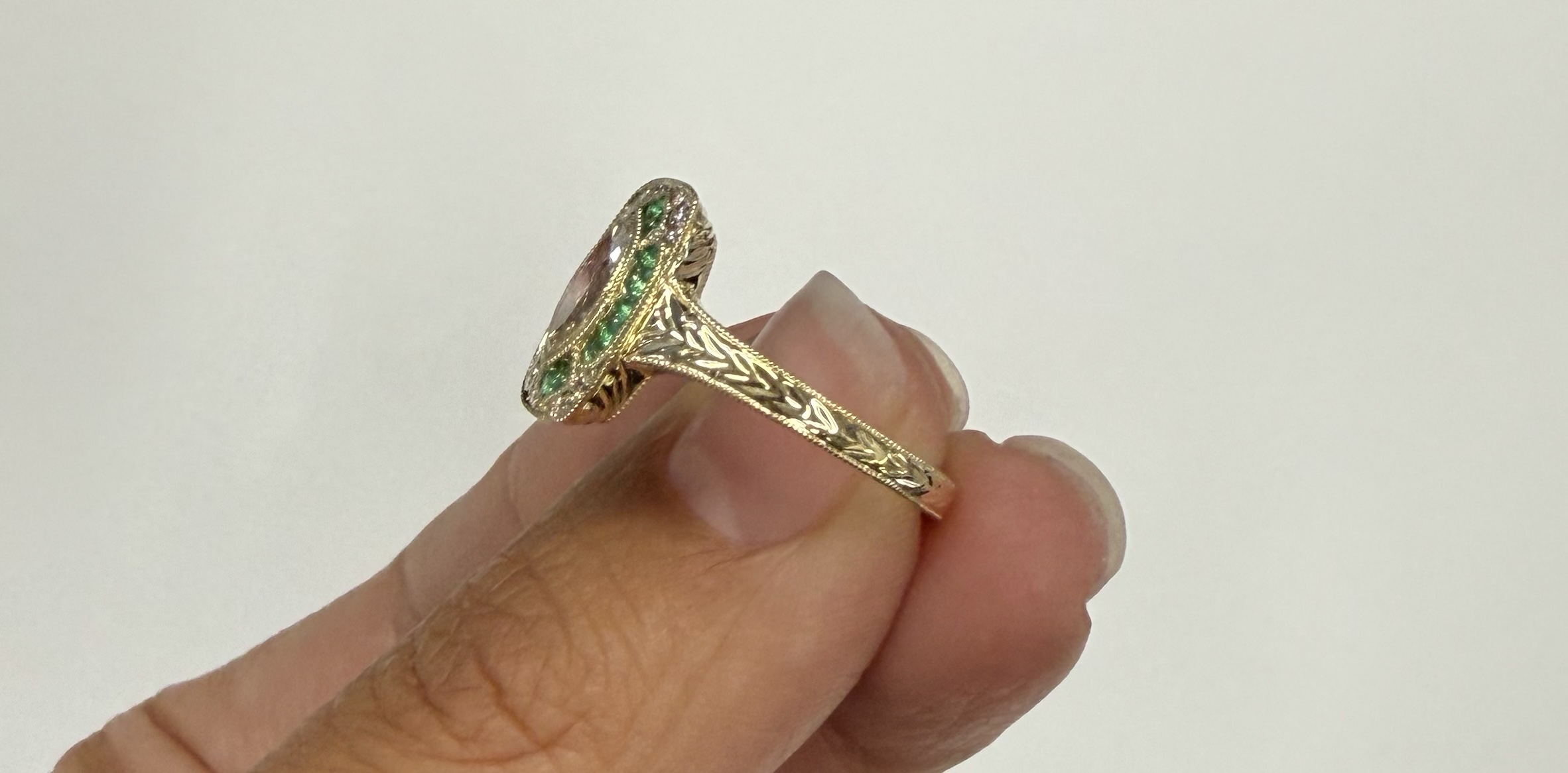 14k Yellow Gold Vintage-Inspired Genuine .54 Cttw Marquise Diamond & Emerald Ring - Image 13