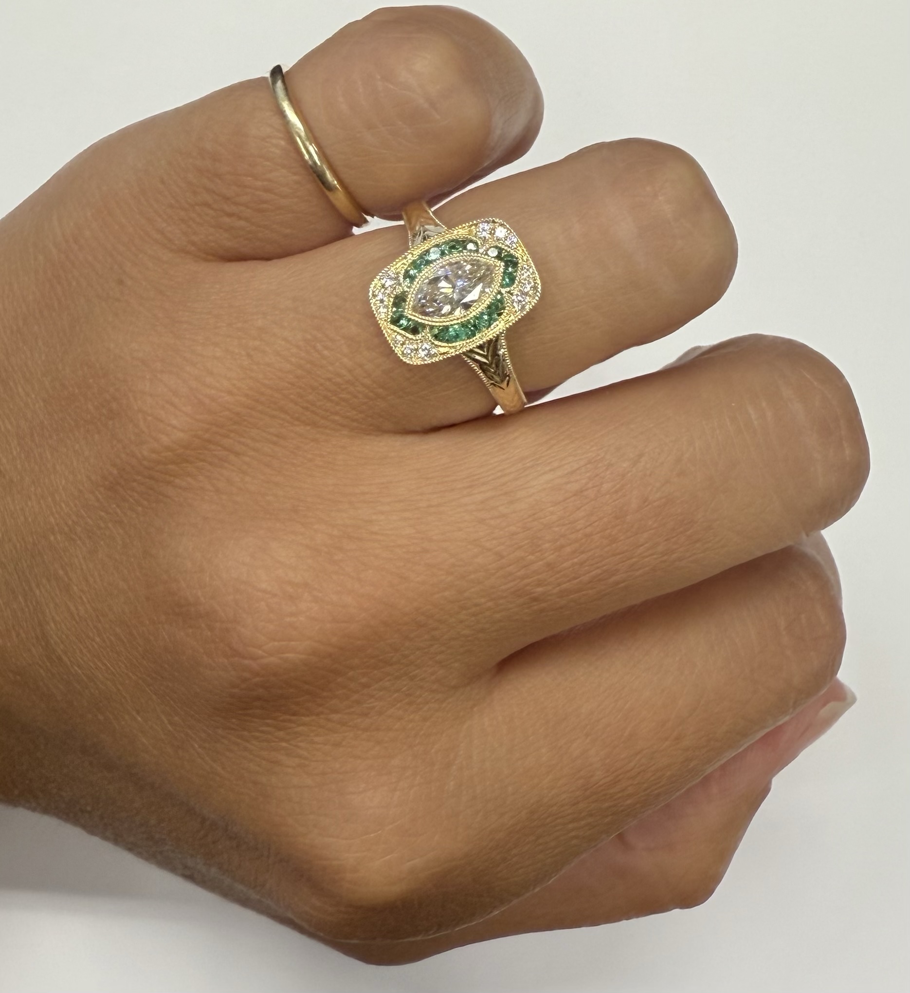 14k Yellow Gold Vintage-Inspired Genuine .54 Cttw Marquise Diamond & Emerald Ring - Image 14
