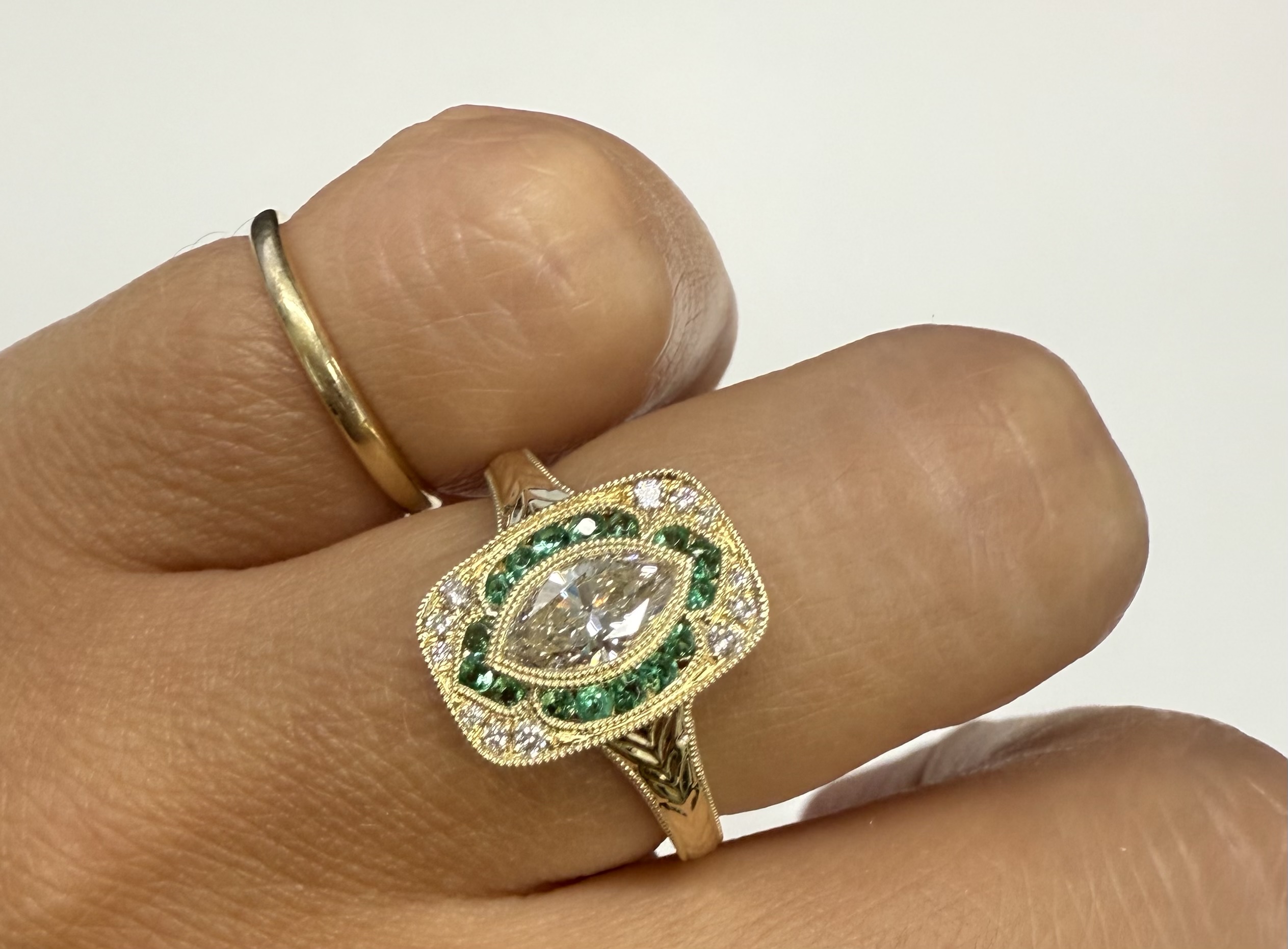 14k Yellow Gold Vintage-Inspired Genuine .54 Cttw Marquise Diamond & Emerald Ring - Image 16