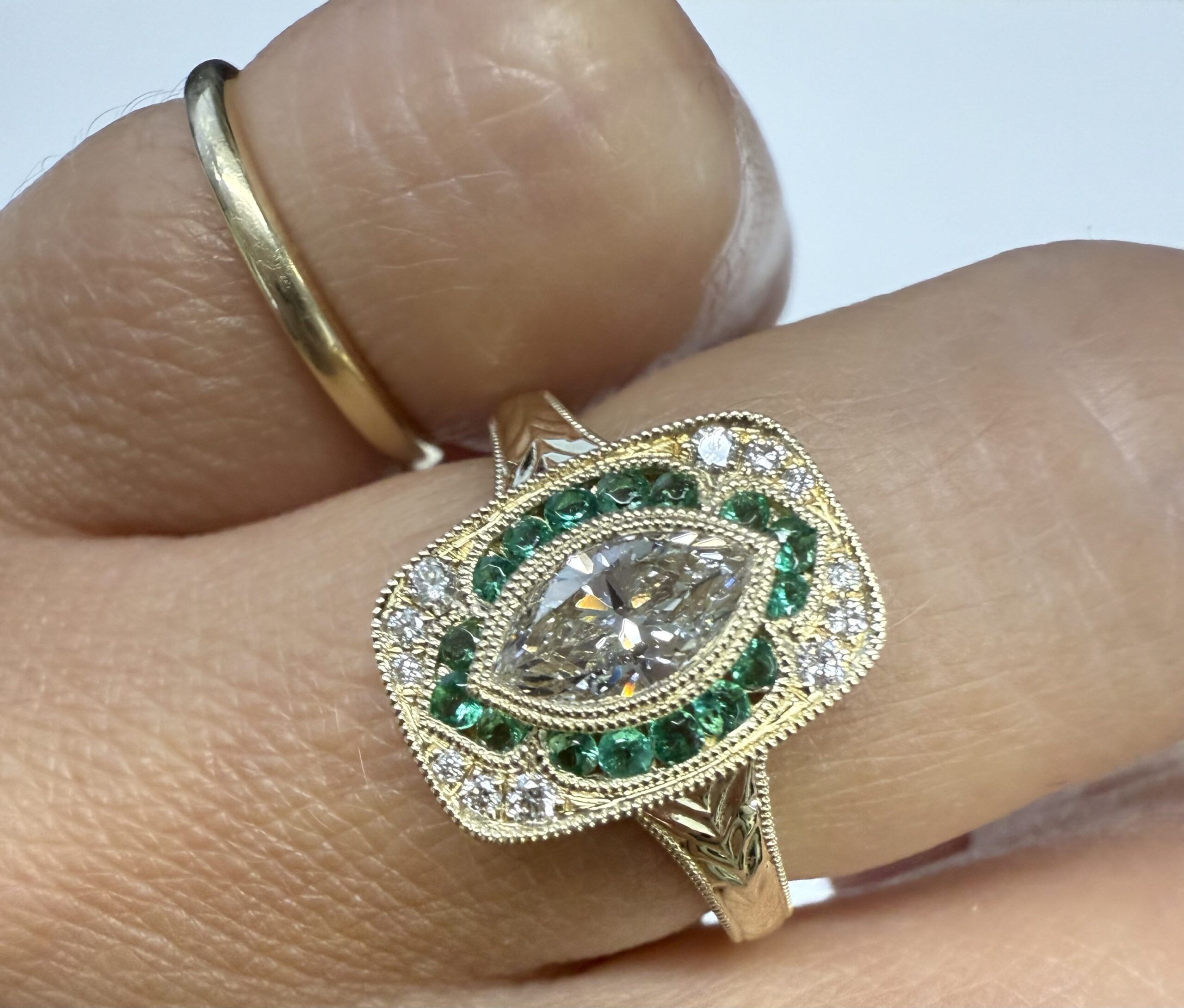 14k Yellow Gold Vintage-Inspired Genuine .54 Cttw Marquise Diamond & Emerald Ring - Image 18