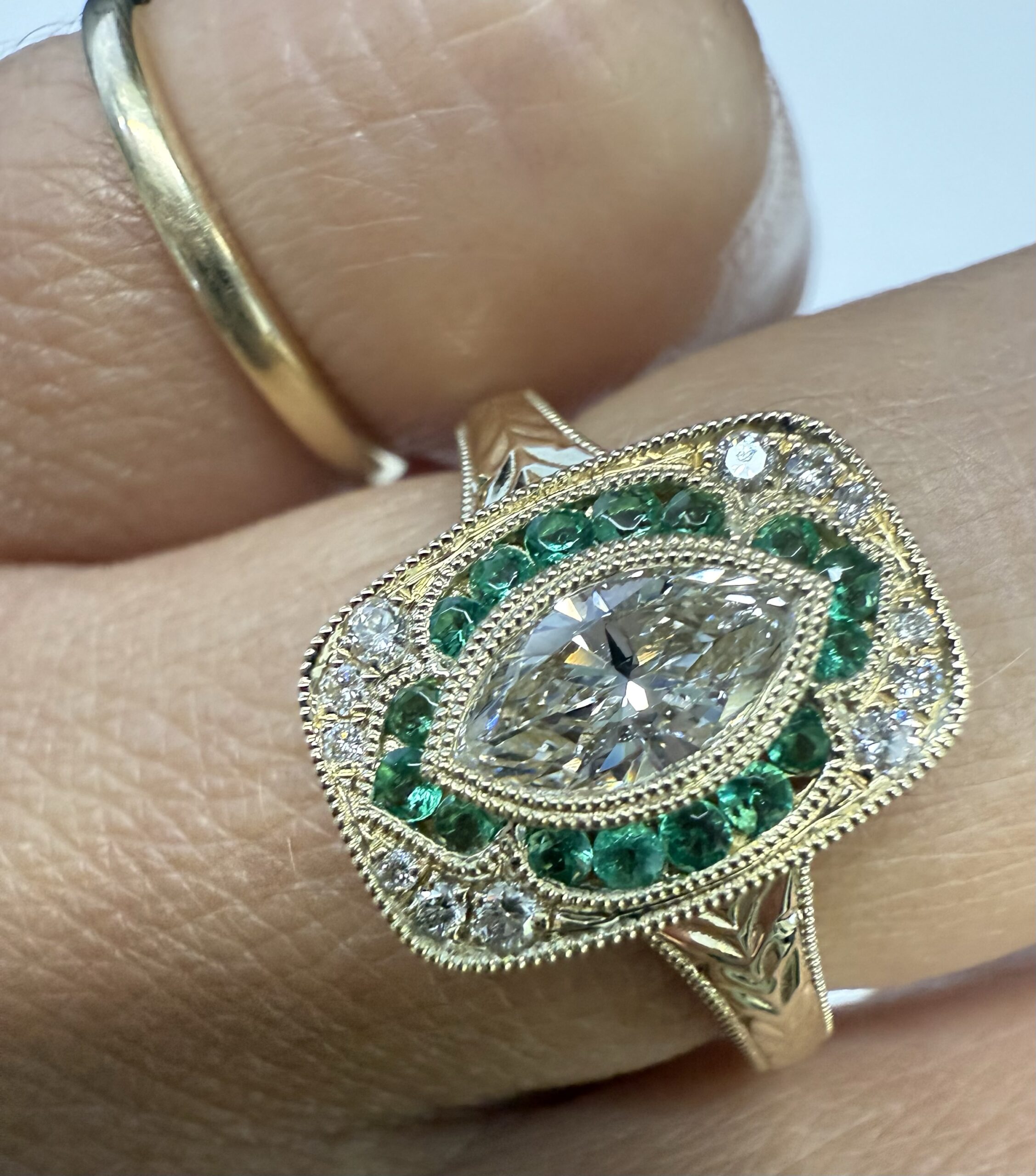 14k Yellow Gold Vintage-Inspired Genuine .54 Cttw Marquise Diamond & Emerald Ring - Image 19