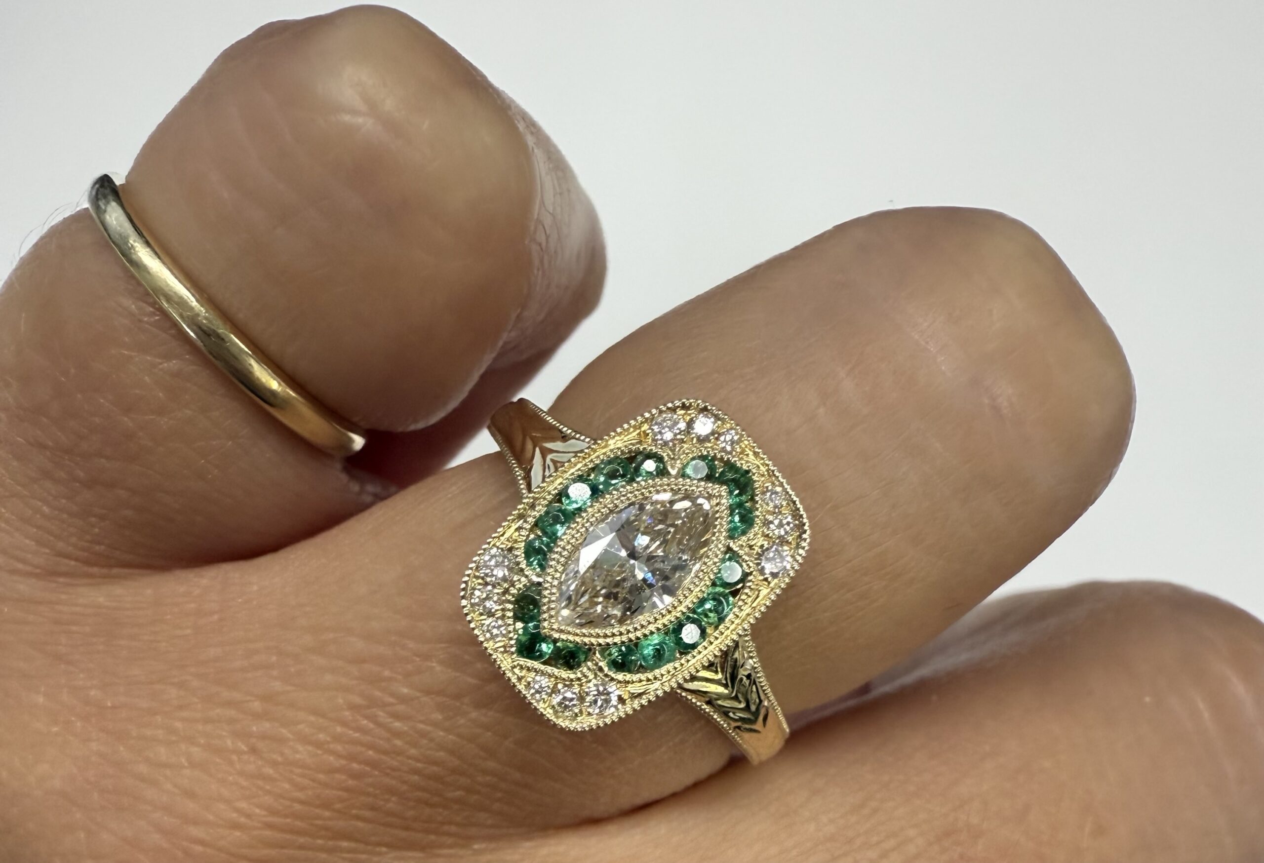 14k Yellow Gold Vintage-Inspired Genuine .54 Cttw Marquise Diamond & Emerald Ring - Image 29