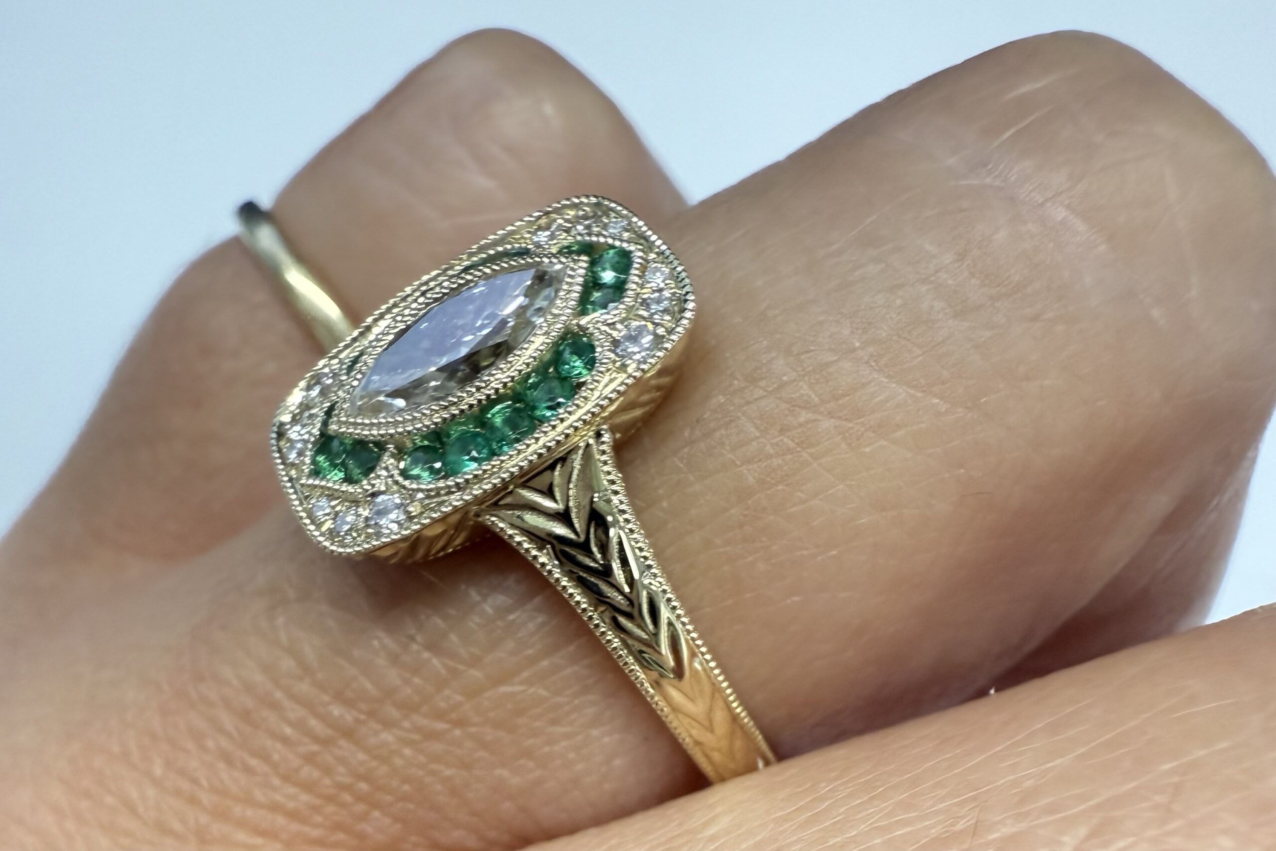 14k Yellow Gold Vintage-Inspired Genuine .54 Cttw Marquise Diamond & Emerald Ring - Image 32