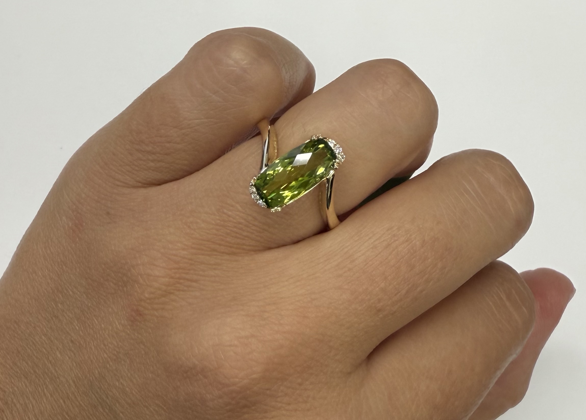 14k Yellow Gold Genuine 2.80 Carat Peridot & Diamond Bypass Style Ring - Image 11
