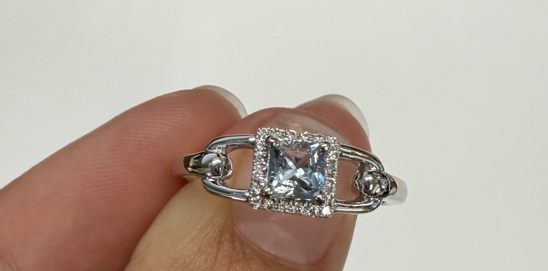 14k White Gold Genuine .35 Cttw Princess Cut Aquamarine & Diamond Ring - Image 6